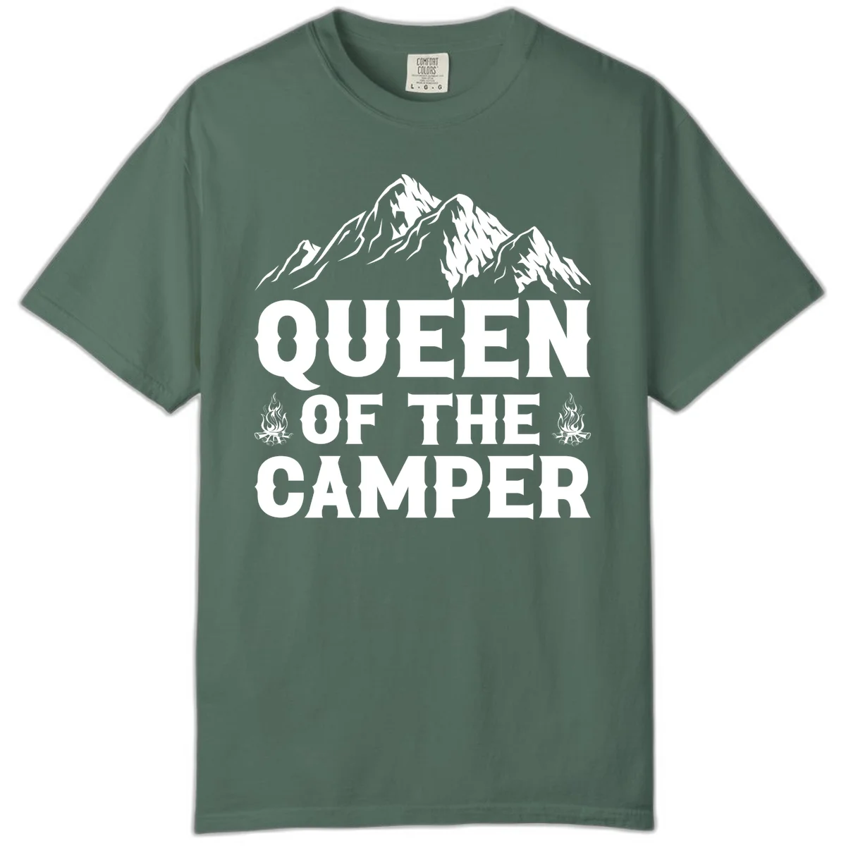 Queen of the Camper design with snow-capped mountains, campfires, and bold white text on gray background in Blue Spruce
