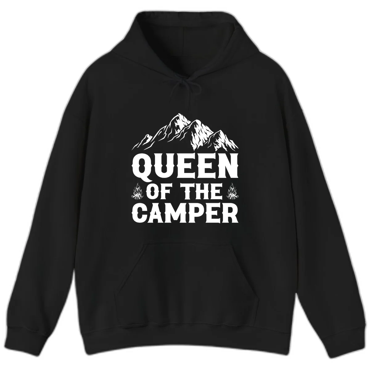 Queen of the Camper design with snow-capped mountains, campfires, and bold white text on gray background in Black