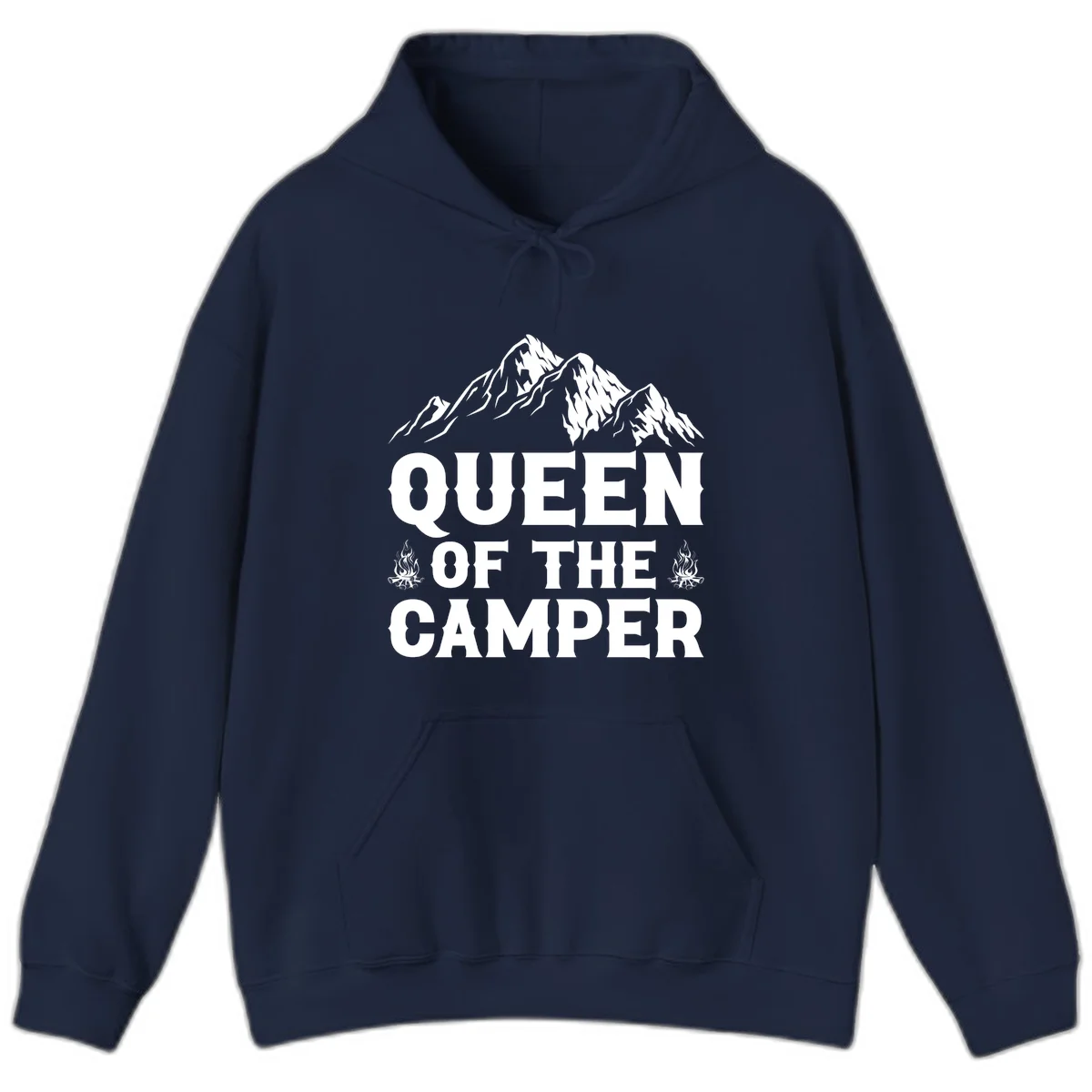 Queen of the Camper design with snow-capped mountains, campfires, and bold white text on gray background in Navy
