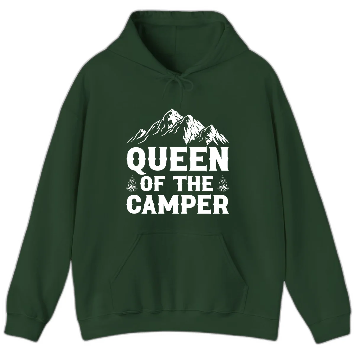 Queen of the Camper design with snow-capped mountains, campfires, and bold white text on gray background in Forest Green