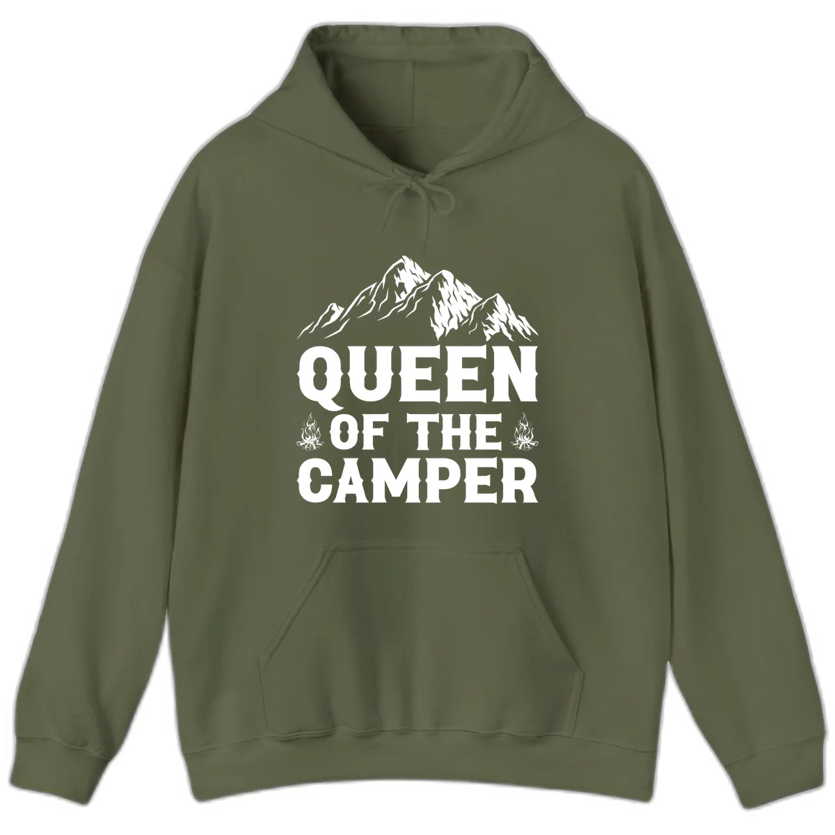 Queen of the Camper design with snow-capped mountains, campfires, and bold white text on gray background in Military Green