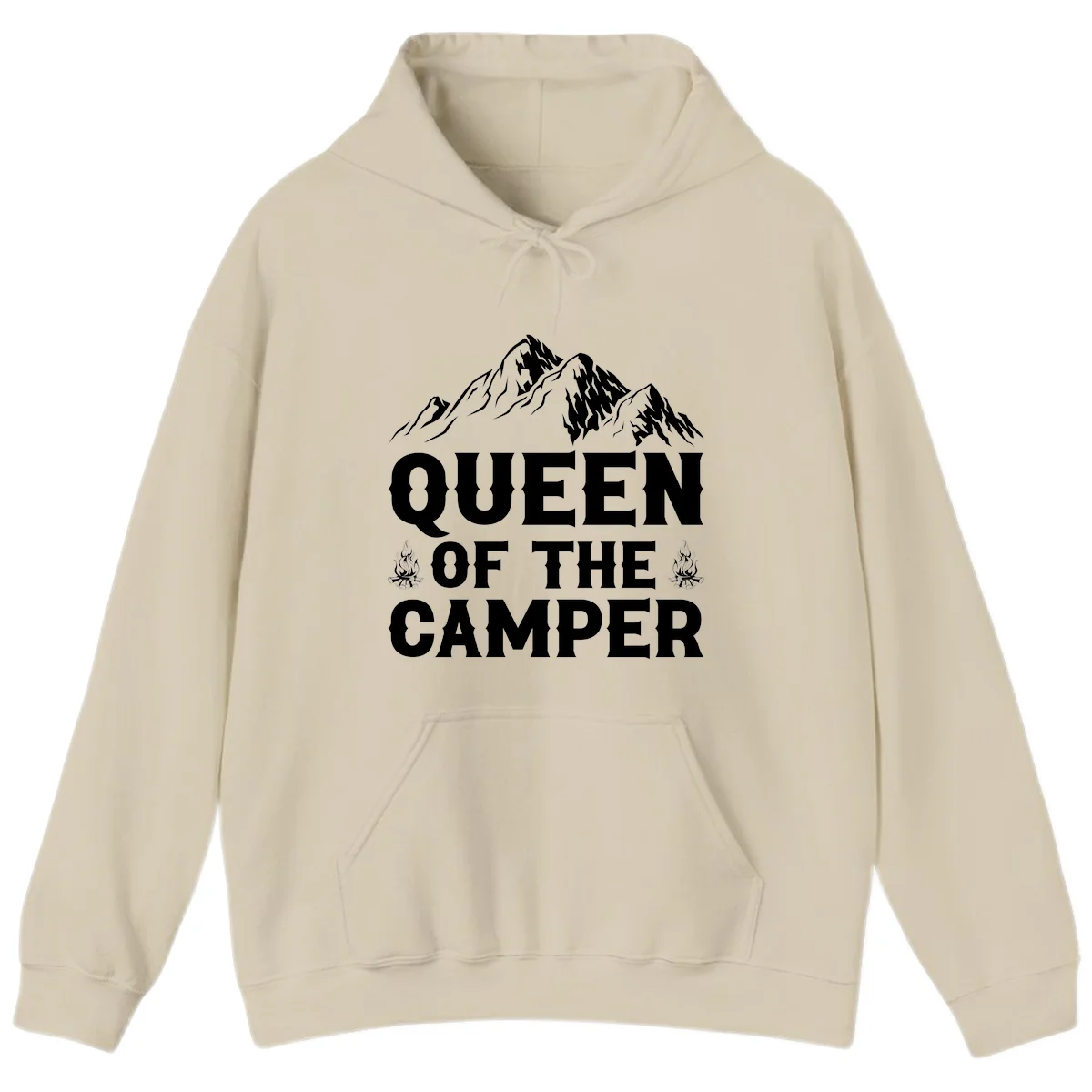 Queen of the Camper design with snow-capped mountains, campfires, and bold white text on gray background in Sand