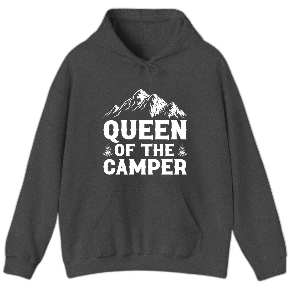 Queen of the Camper design with snow-capped mountains, campfires, and bold white text on gray background in Dark Heather