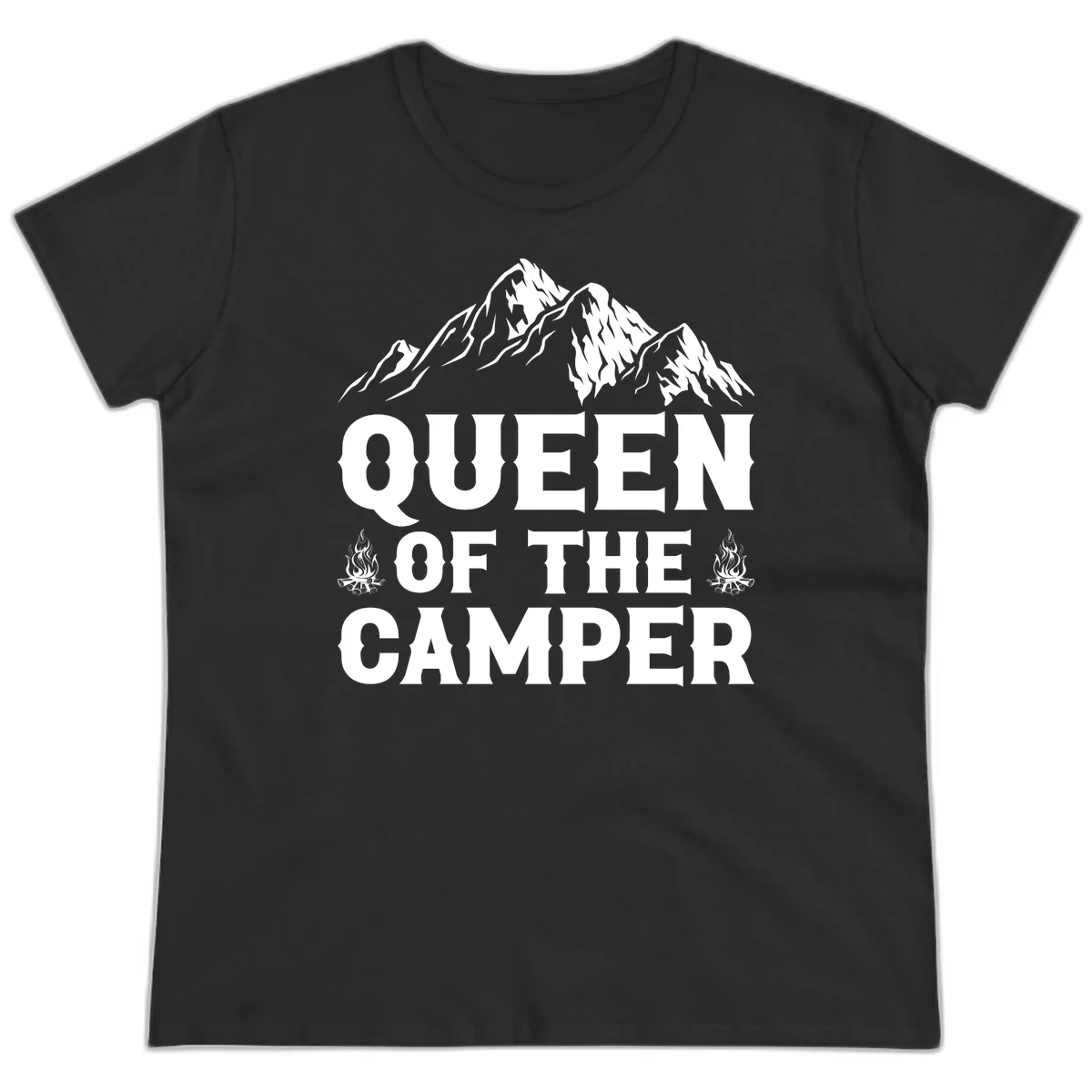 Queen of the Camper design with snow-capped mountains, campfires, and bold white text on gray background in Black