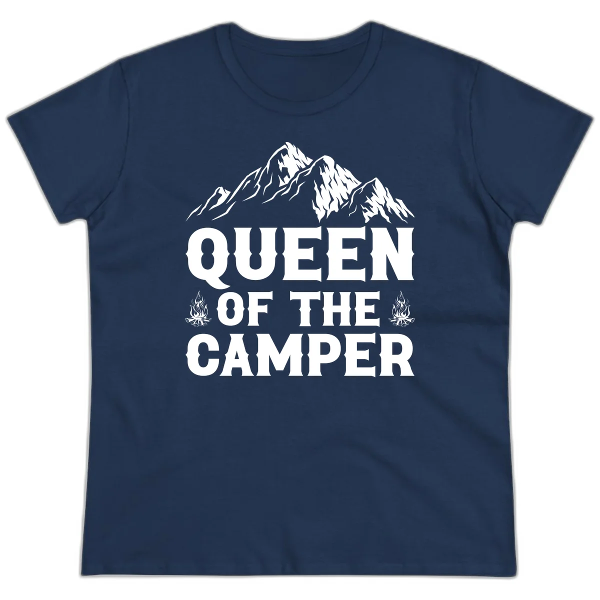 Queen of the Camper design with snow-capped mountains, campfires, and bold white text on gray background in Navy