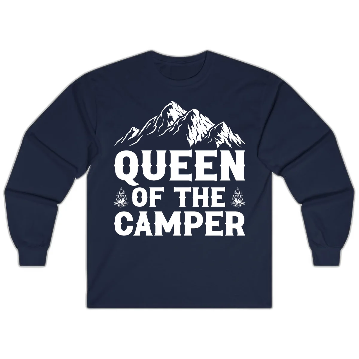 Queen of the Camper design with snow-capped mountains, campfires, and bold white text on gray background in Navy
