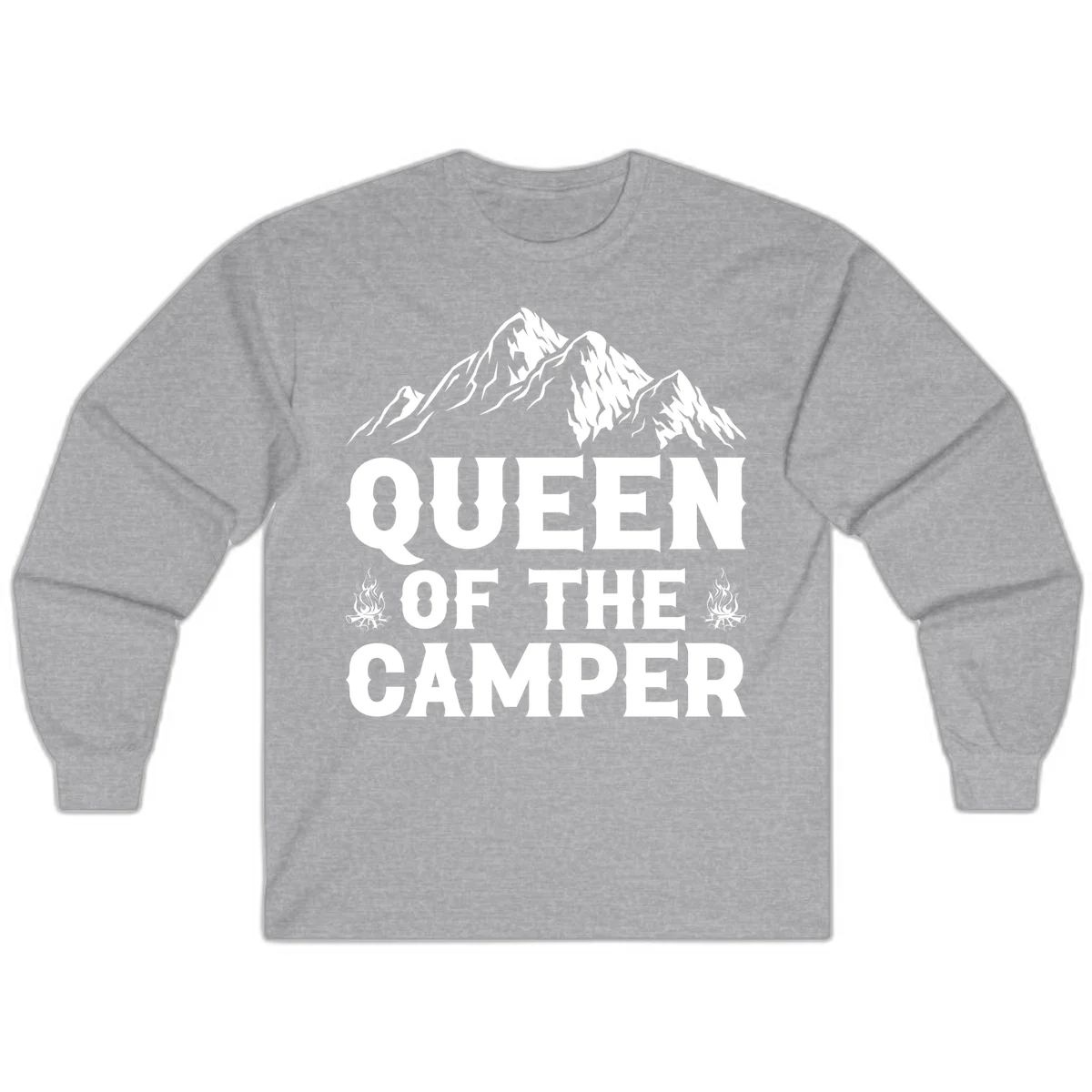 Queen of the Camper design with snow-capped mountains, campfires, and bold white text on gray background in Sport Grey