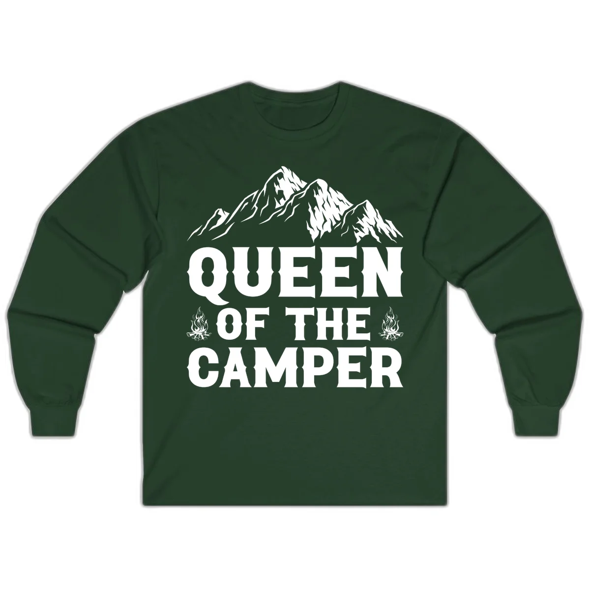 Queen of the Camper design with snow-capped mountains, campfires, and bold white text on gray background in Forest Green