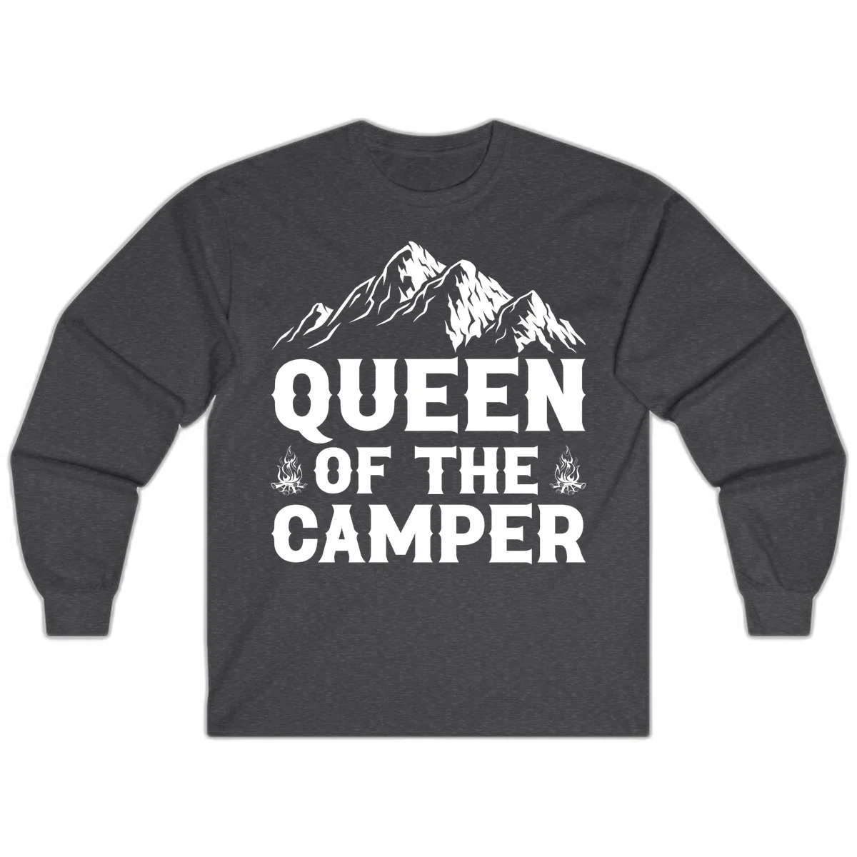 Queen of the Camper design with snow-capped mountains, campfires, and bold white text on gray background in Dark Heather