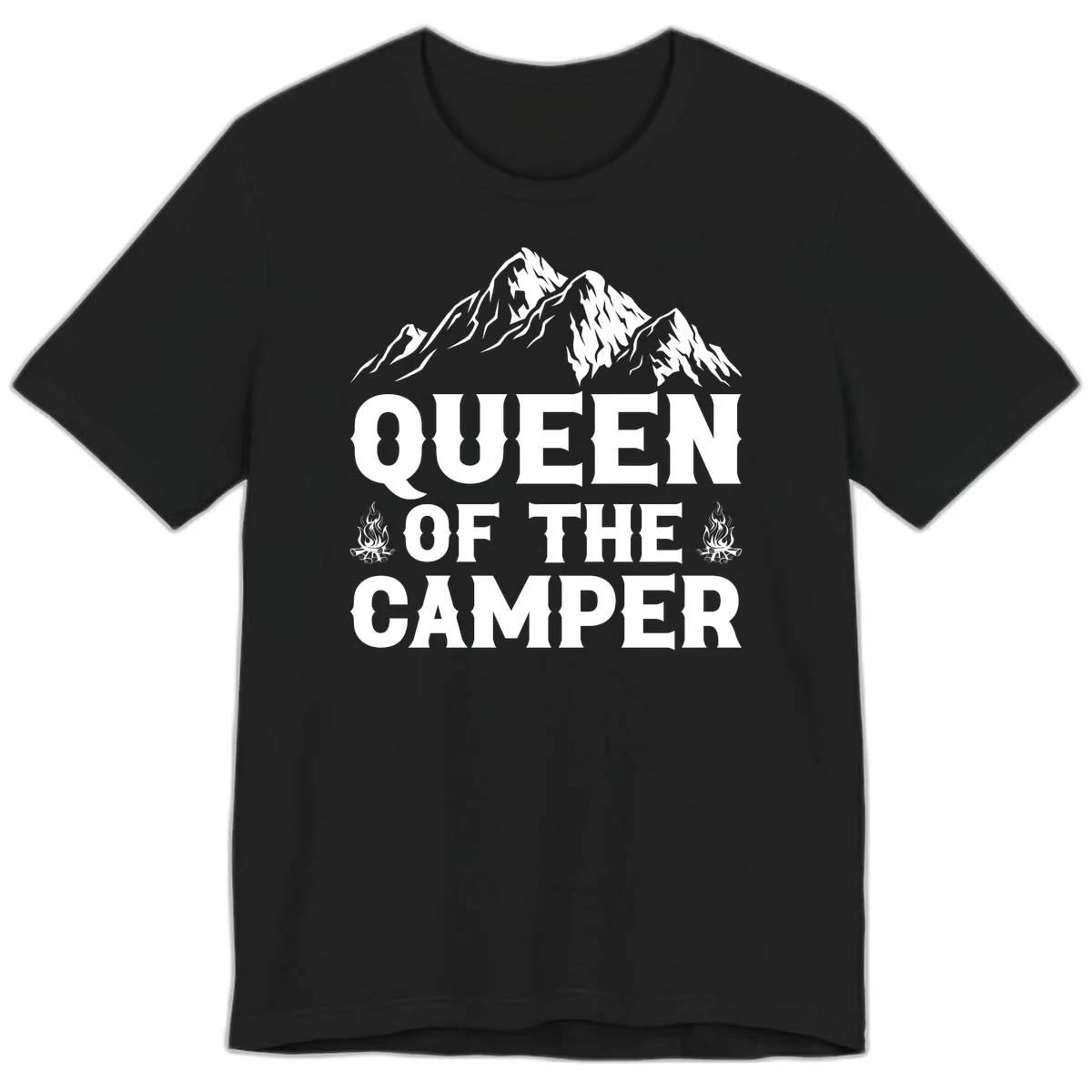 Queen of the Camper design with snow-capped mountains, campfires, and bold white text on gray background in Black