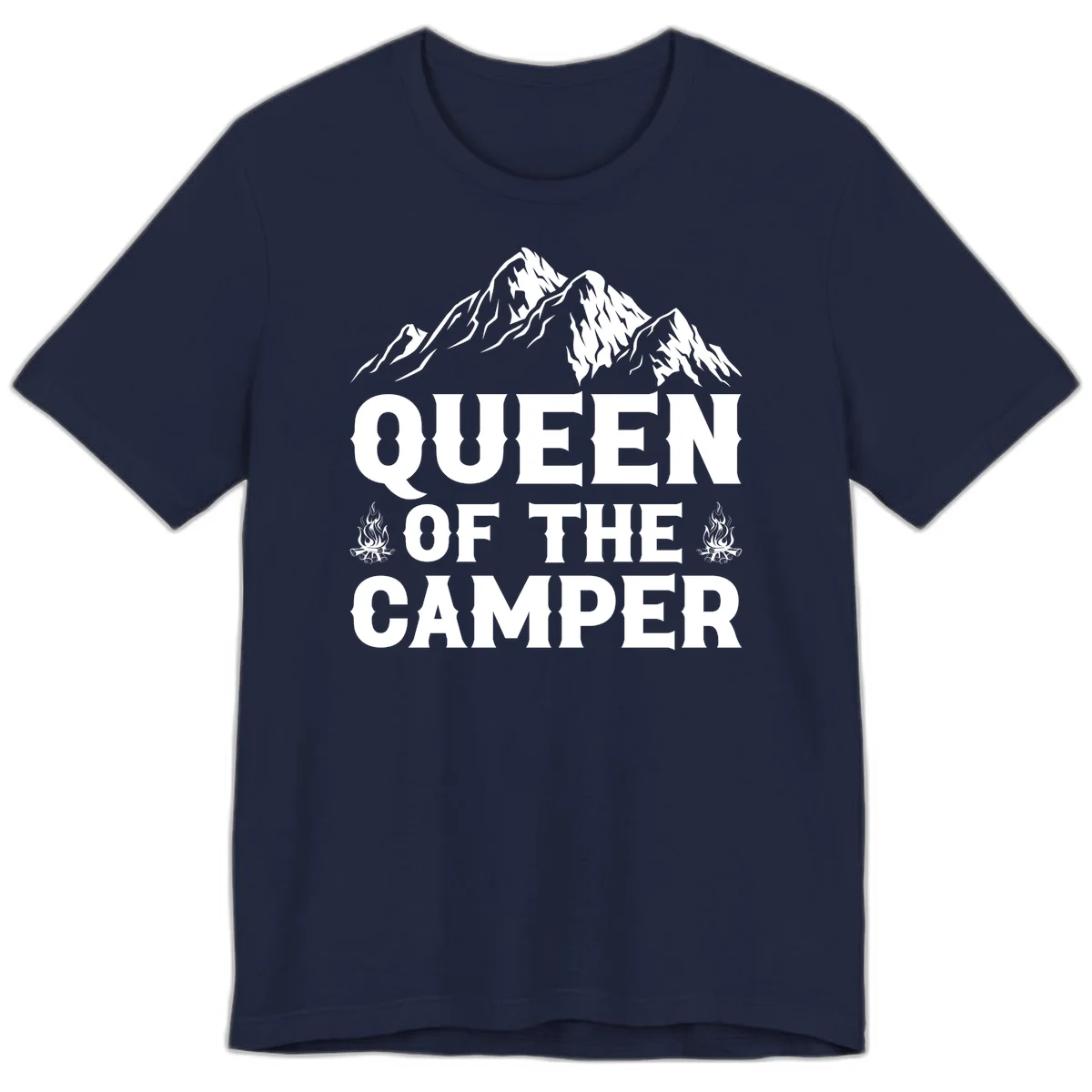Queen of the Camper design with snow-capped mountains, campfires, and bold white text on gray background in Navy