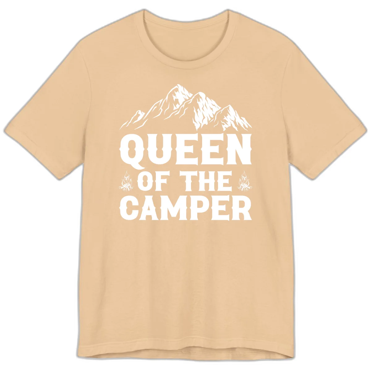 Queen of the Camper design with snow-capped mountains, campfires, and bold white text on gray background in Sand Dune