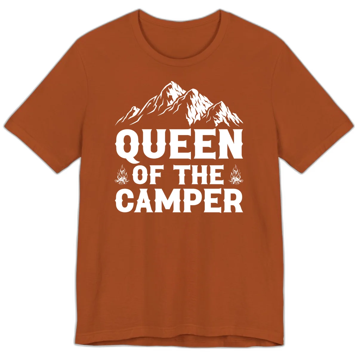 Queen of the Camper design with snow-capped mountains, campfires, and bold white text on gray background in Autumn