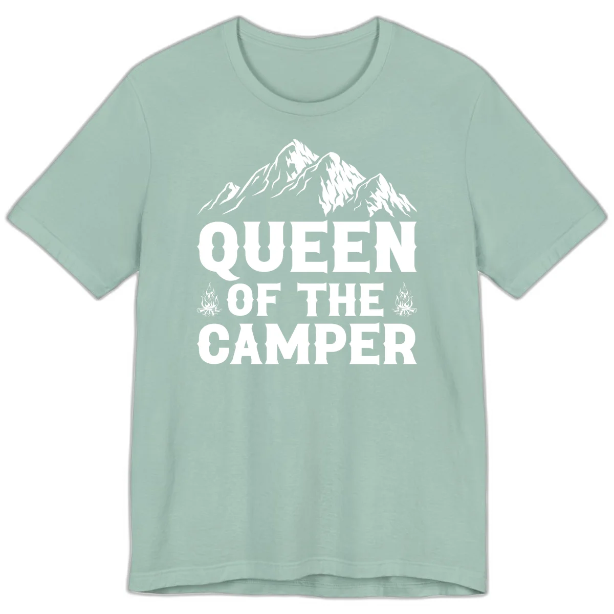 Queen of the Camper design with snow-capped mountains, campfires, and bold white text on gray background in Dusty Blue