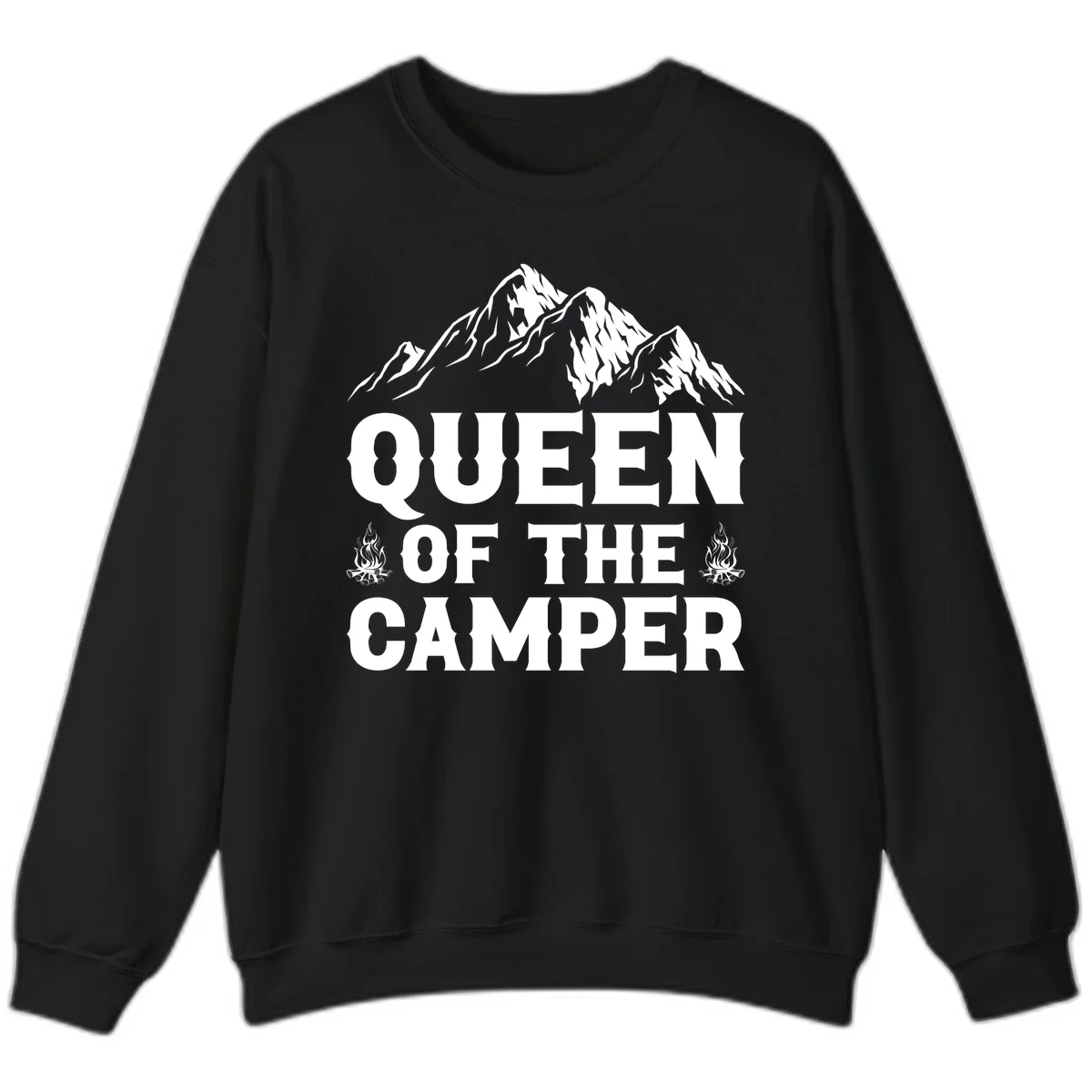 Queen of the Camper design with snow-capped mountains, campfires, and bold white text on gray background in Black