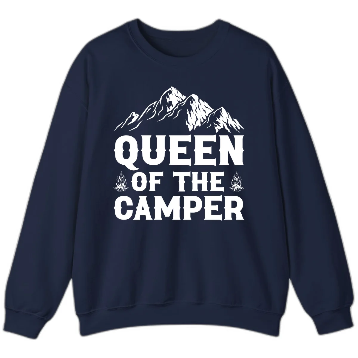 Queen of the Camper design with snow-capped mountains, campfires, and bold white text on gray background in Navy