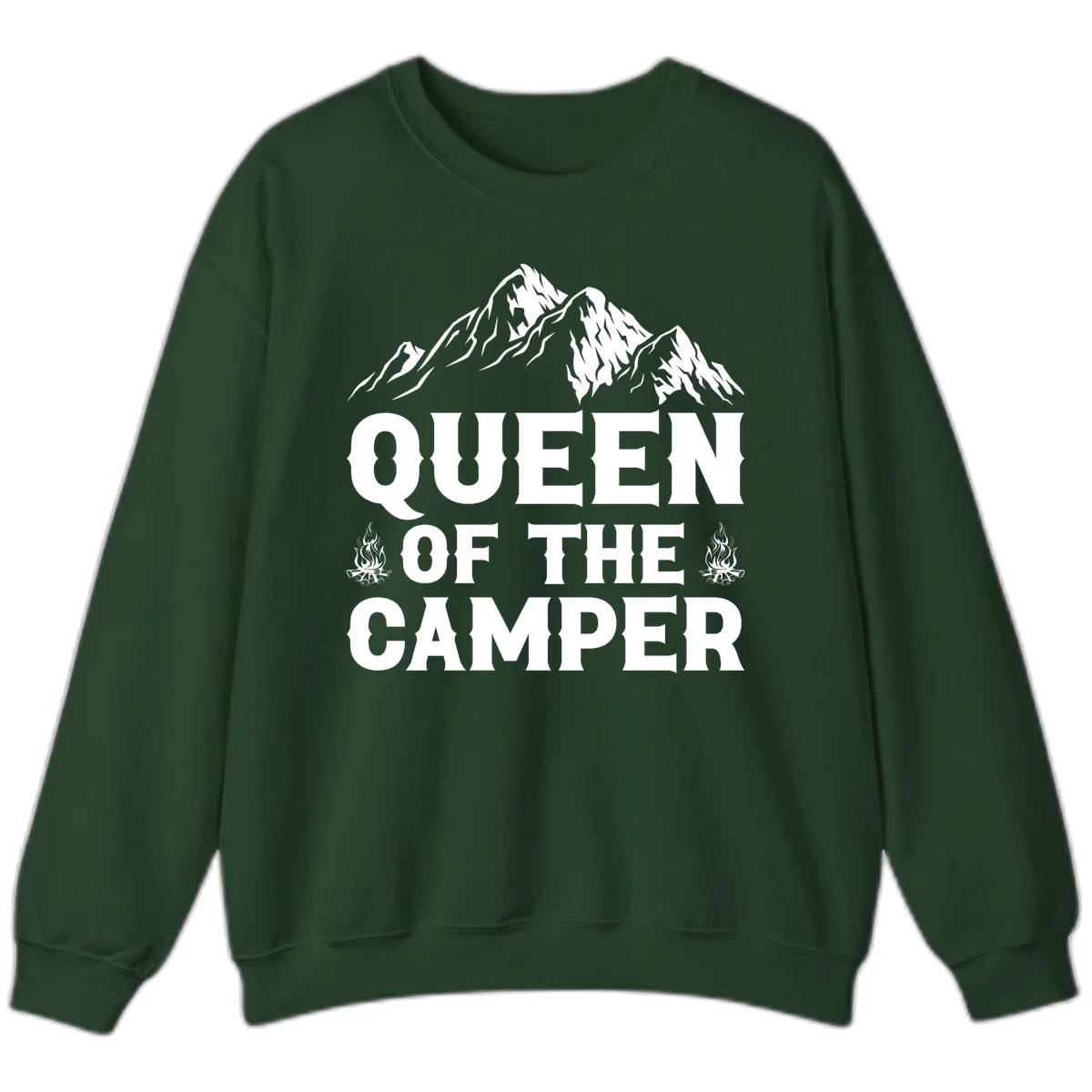 Queen of the Camper design with snow-capped mountains, campfires, and bold white text on gray background in Forest Green