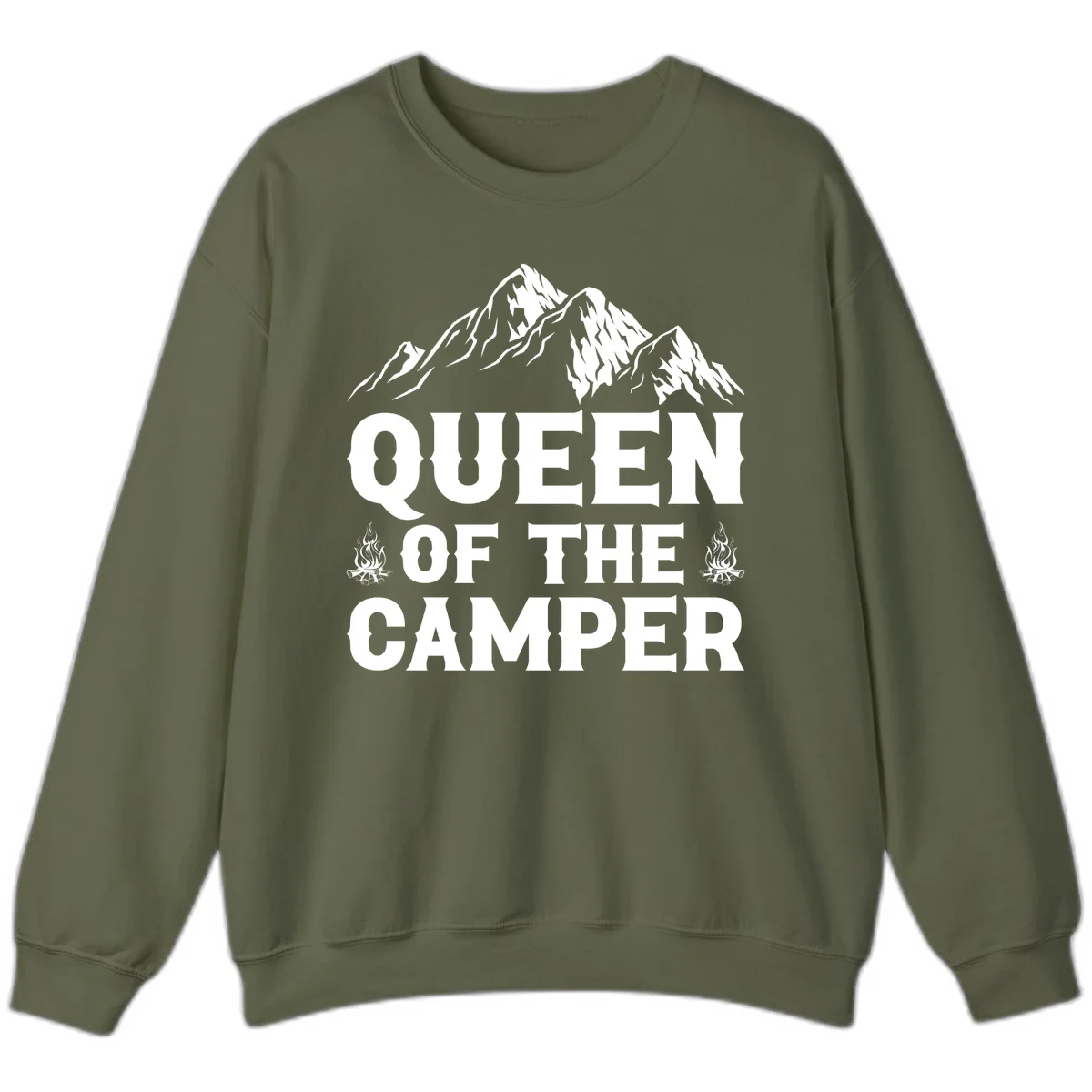 Queen of the Camper design with snow-capped mountains, campfires, and bold white text on gray background in Military Green
