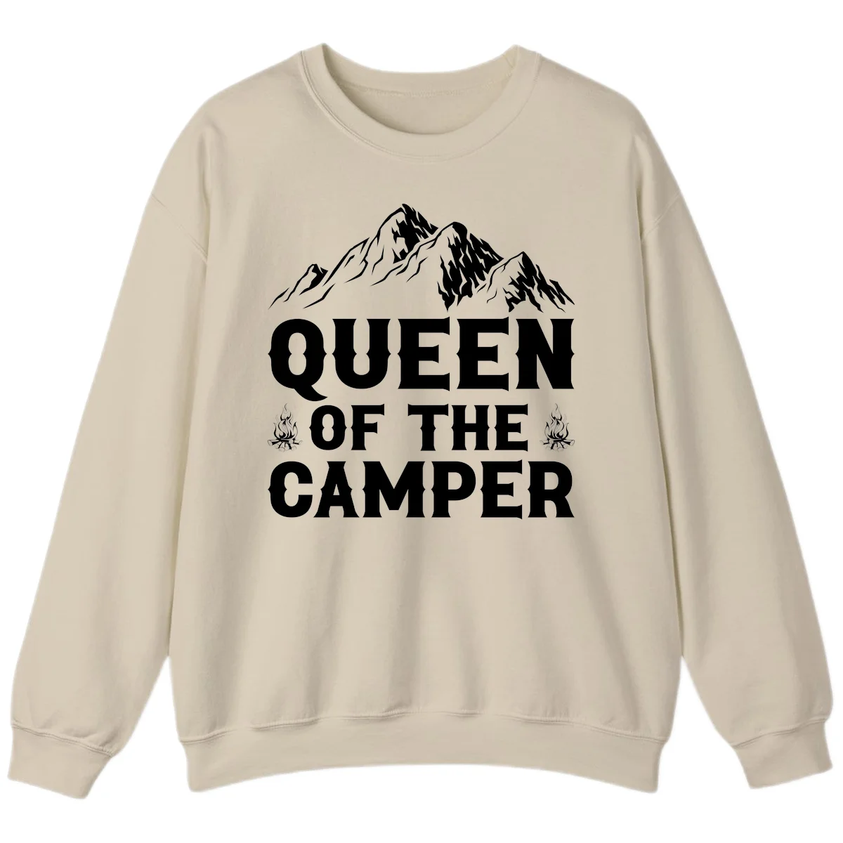 Queen of the Camper design with snow-capped mountains, campfires, and bold white text on gray background in Sand