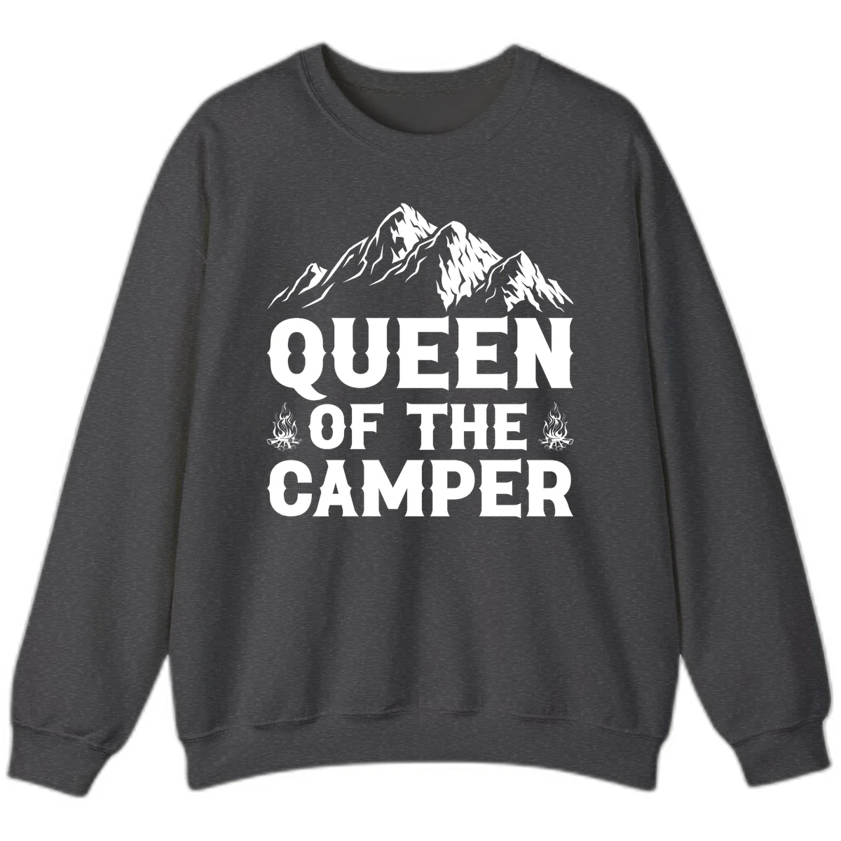 Queen of the Camper design with snow-capped mountains, campfires, and bold white text on gray background in Dark Heather