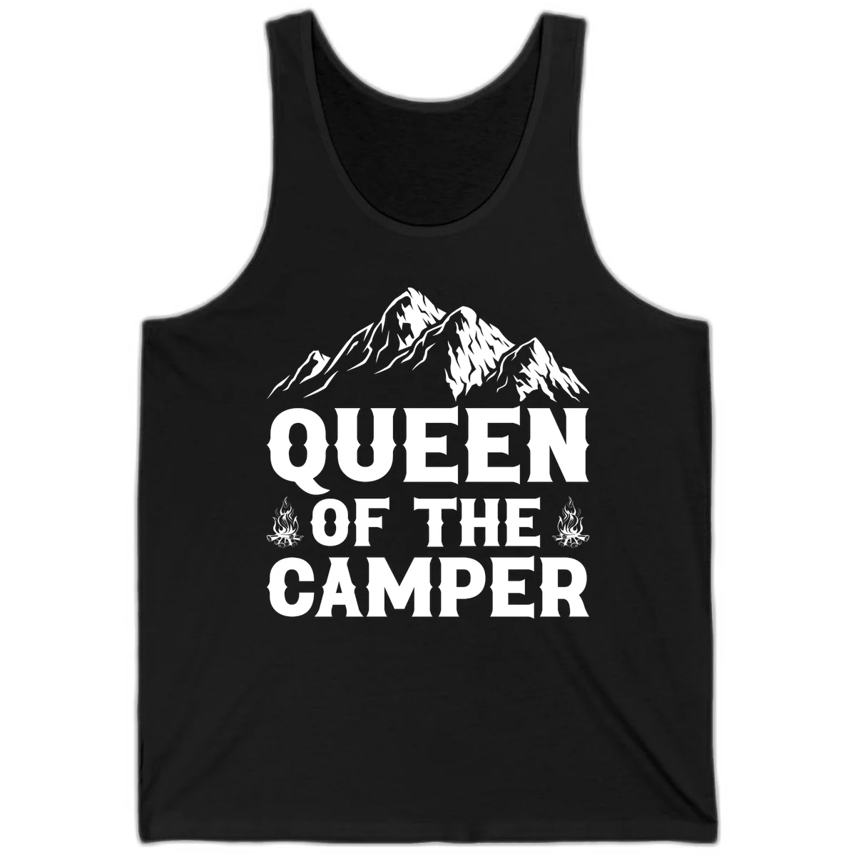 Queen of the Camper design with snow-capped mountains, campfires, and bold white text on gray background in Black