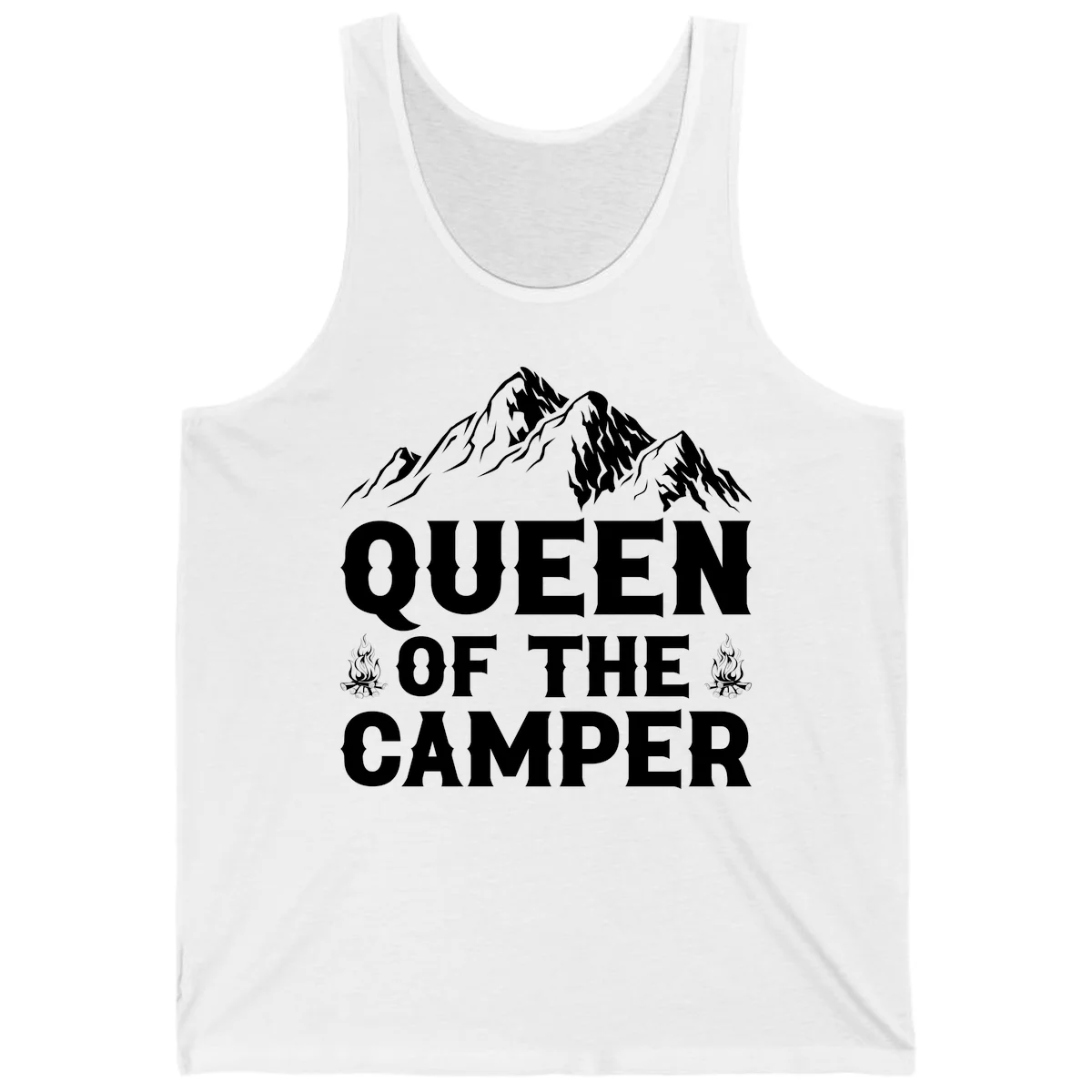 Queen of the Camper design with snow-capped mountains, campfires, and bold white text on gray background in White