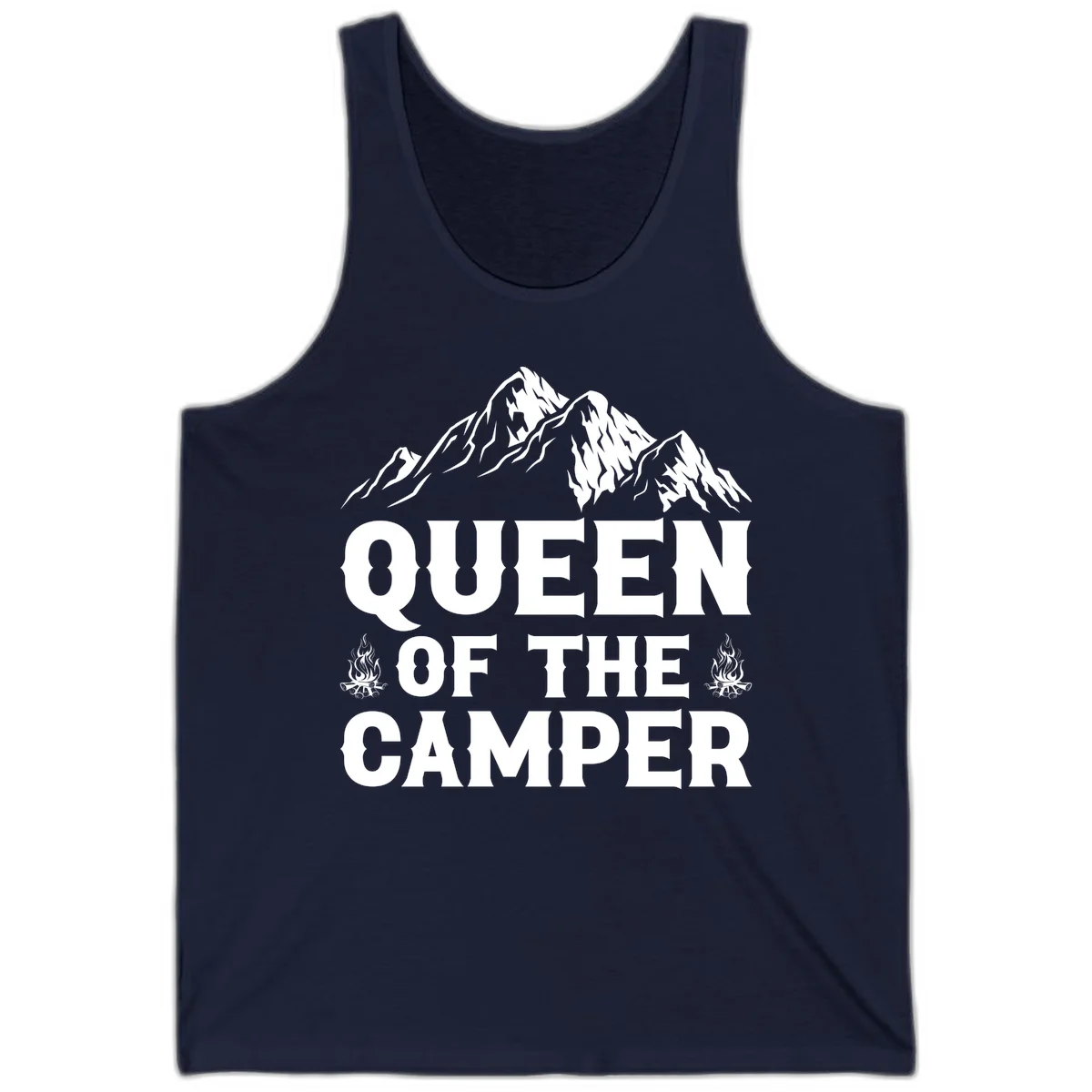 Queen of the Camper design with snow-capped mountains, campfires, and bold white text on gray background in Navy