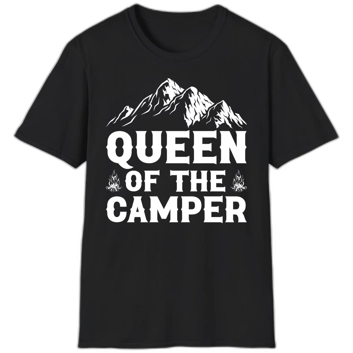 Queen of the Camper design with snow-capped mountains, campfires, and bold white text on gray background in Black
