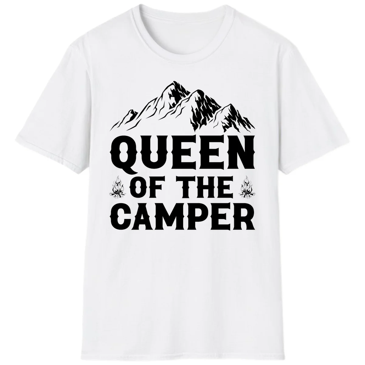 Queen of the Camper design with snow-capped mountains, campfires, and bold white text on gray background in White