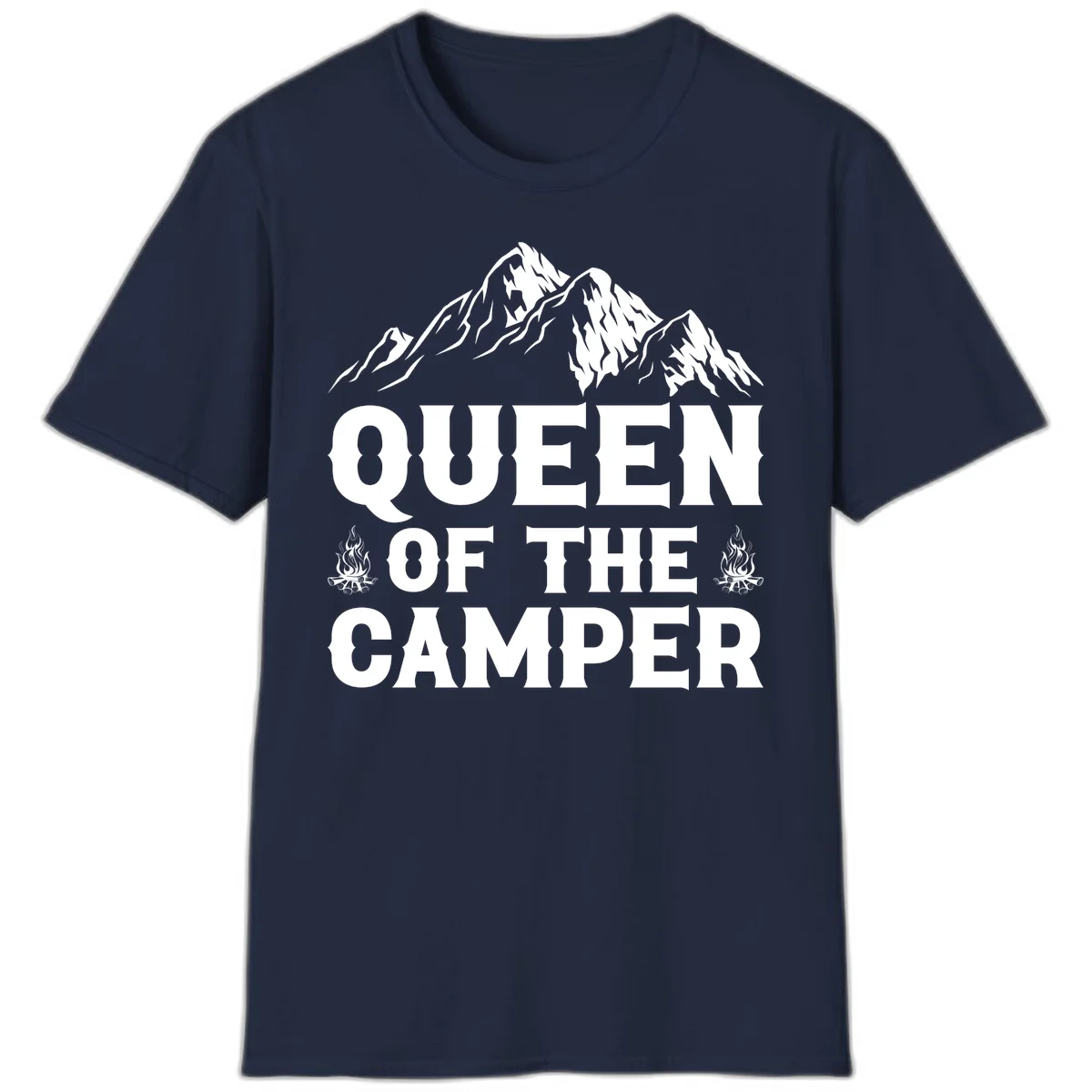 Queen of the Camper design with snow-capped mountains, campfires, and bold white text on gray background in Navy