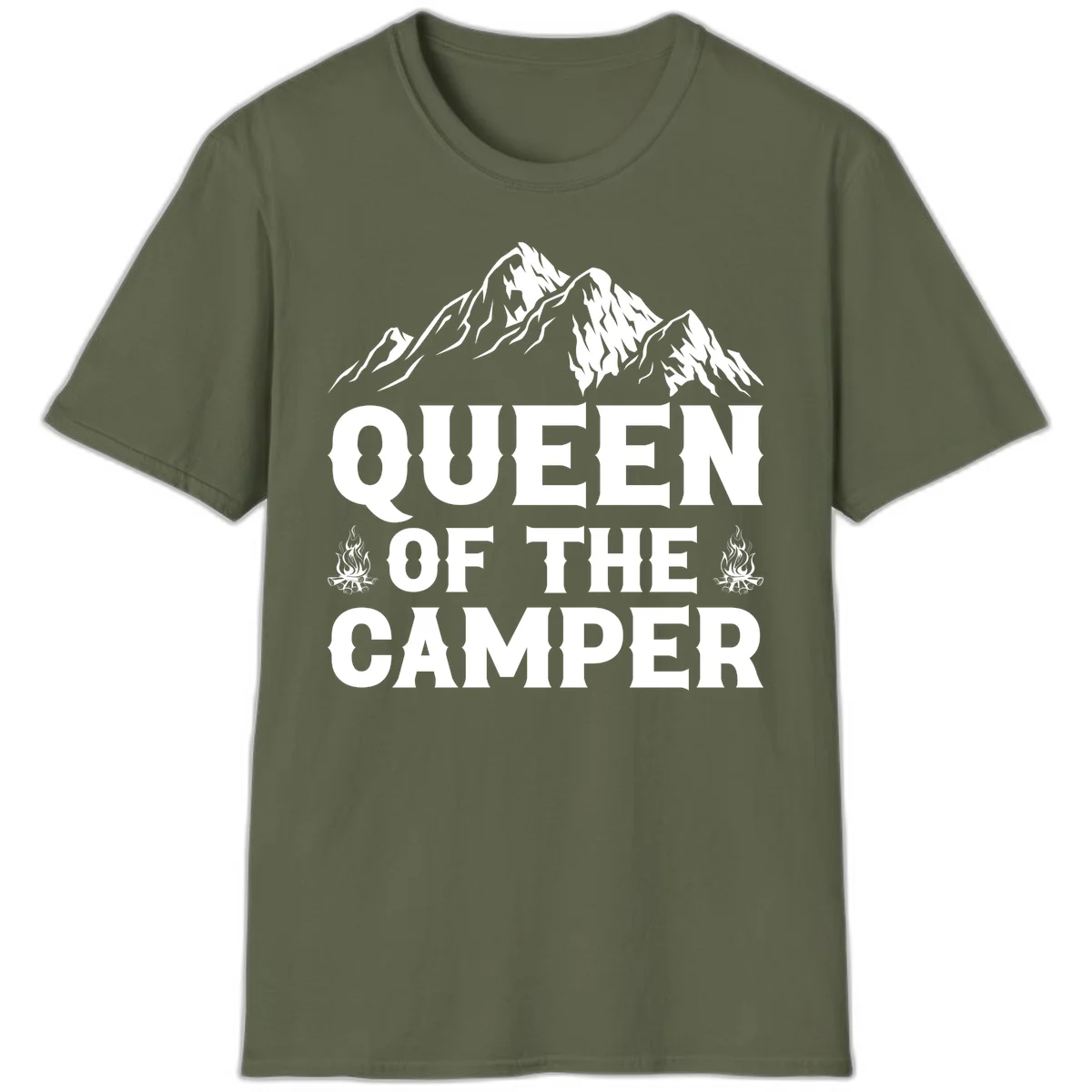 Queen of the Camper design with snow-capped mountains, campfires, and bold white text on gray background in Military Green