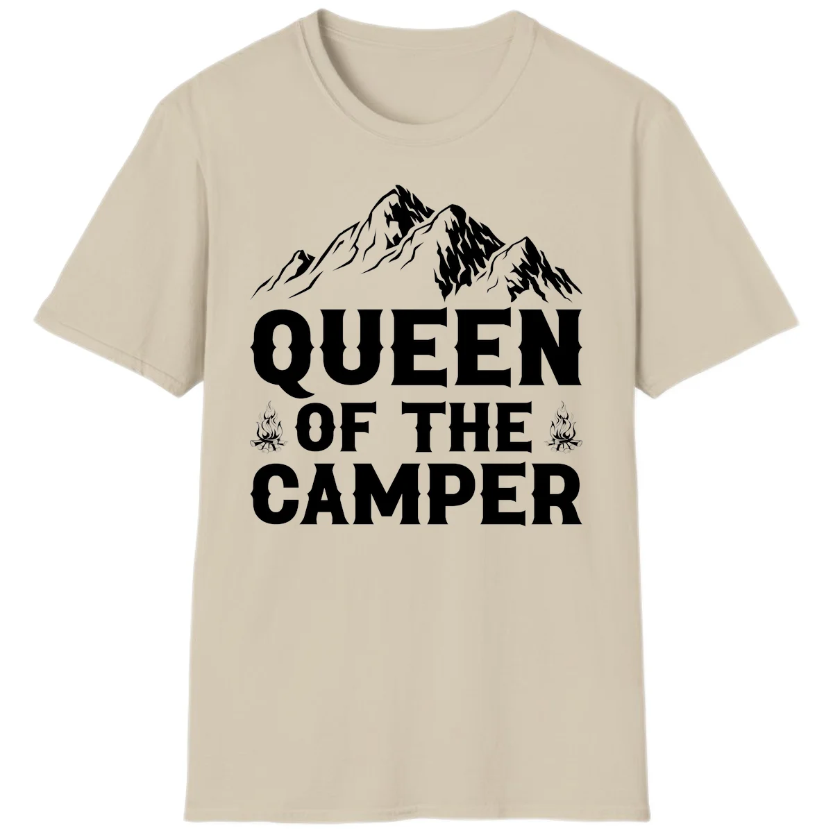 Queen of the Camper design with snow-capped mountains, campfires, and bold white text on gray background in Sand