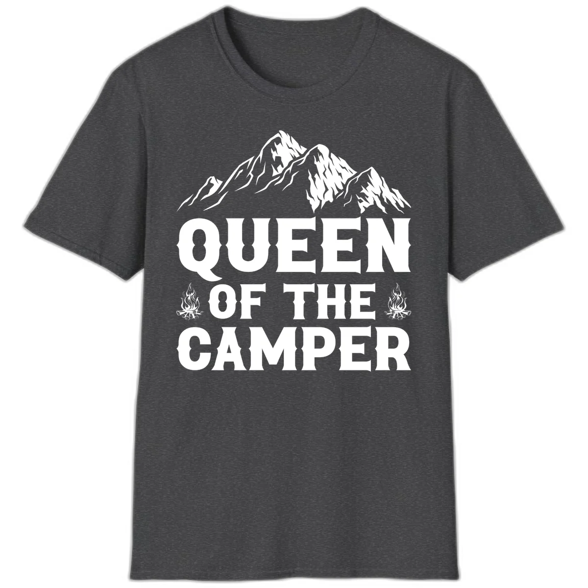 Queen of the Camper design with snow-capped mountains, campfires, and bold white text on gray background in Dark Heather