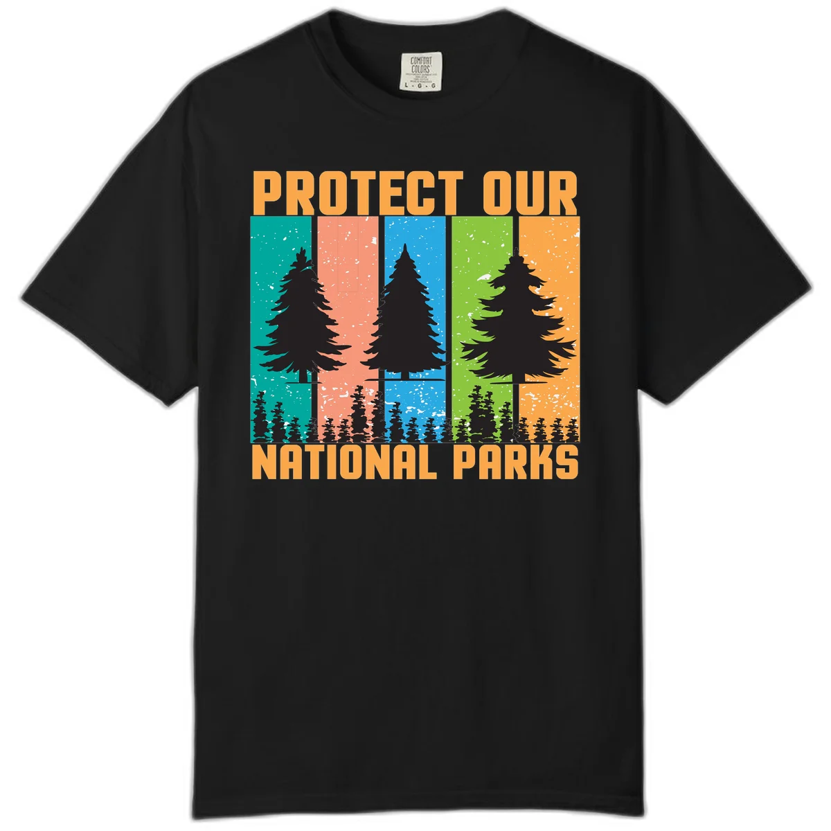 Illustration of tall evergreen tree with forest below across four seasonal colored panels with 'Protect Our National Parks' text. in Black