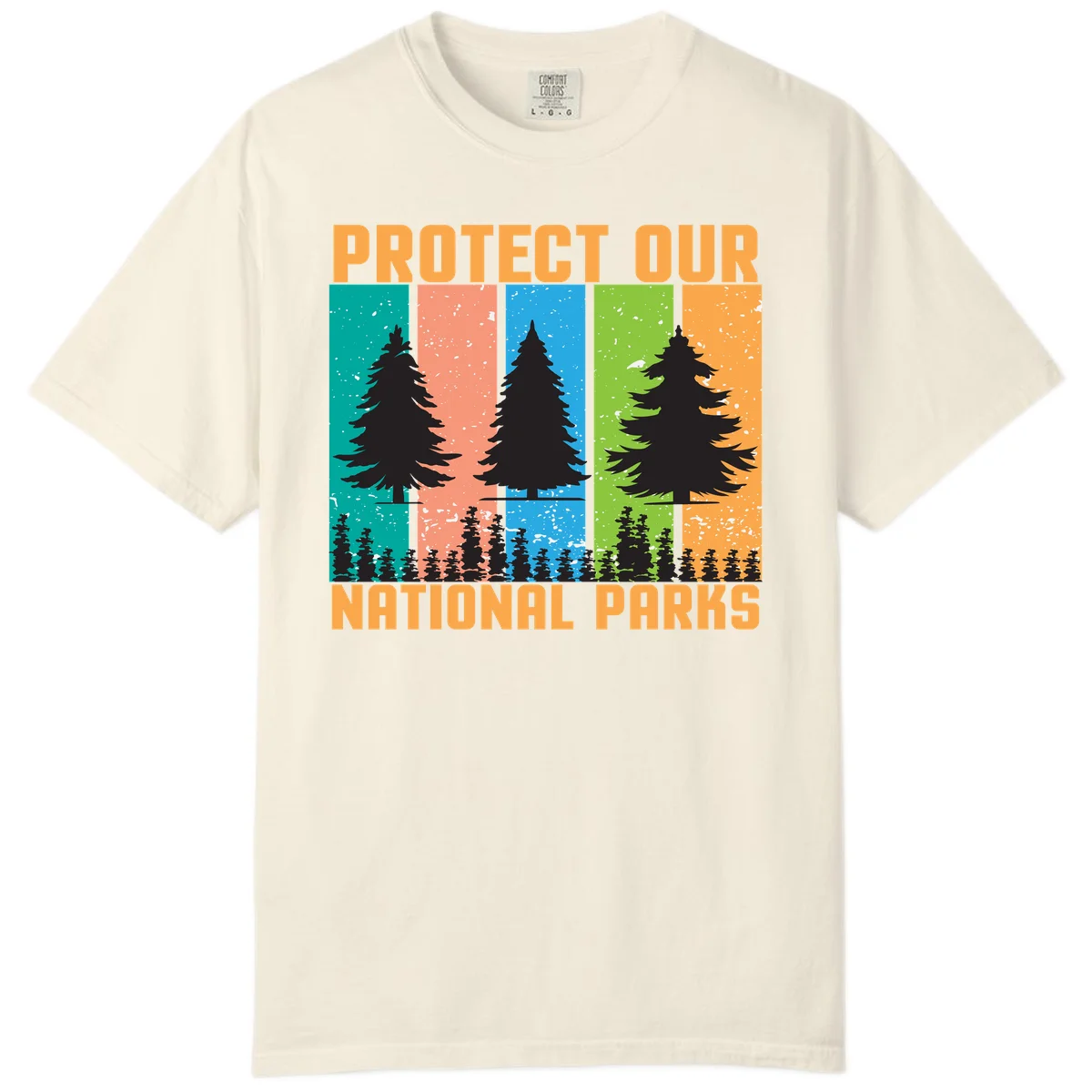 Illustration of tall evergreen tree with forest below across four seasonal colored panels with 'Protect Our National Parks' text. in Ivory