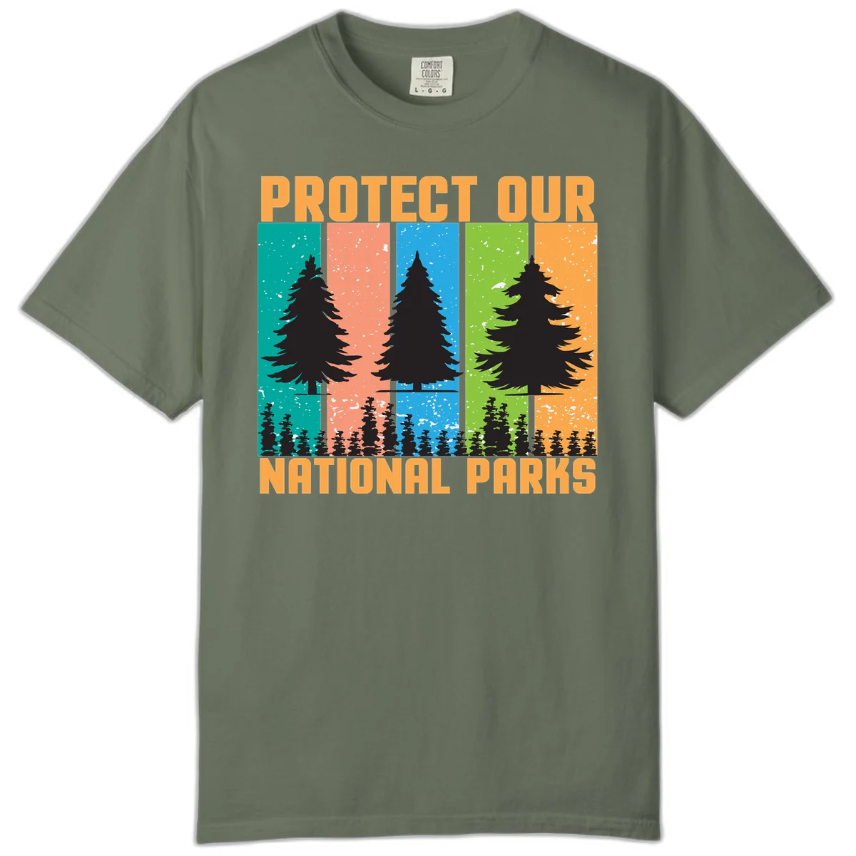 Illustration of tall evergreen tree with forest below across four seasonal colored panels with 'Protect Our National Parks' text. in Moss