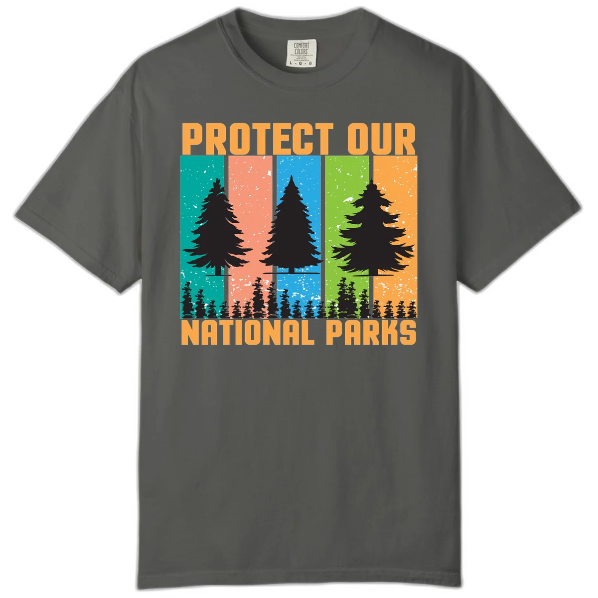 Illustration of tall evergreen tree with forest below across four seasonal colored panels with 'Protect Our National Parks' text. in Pepper