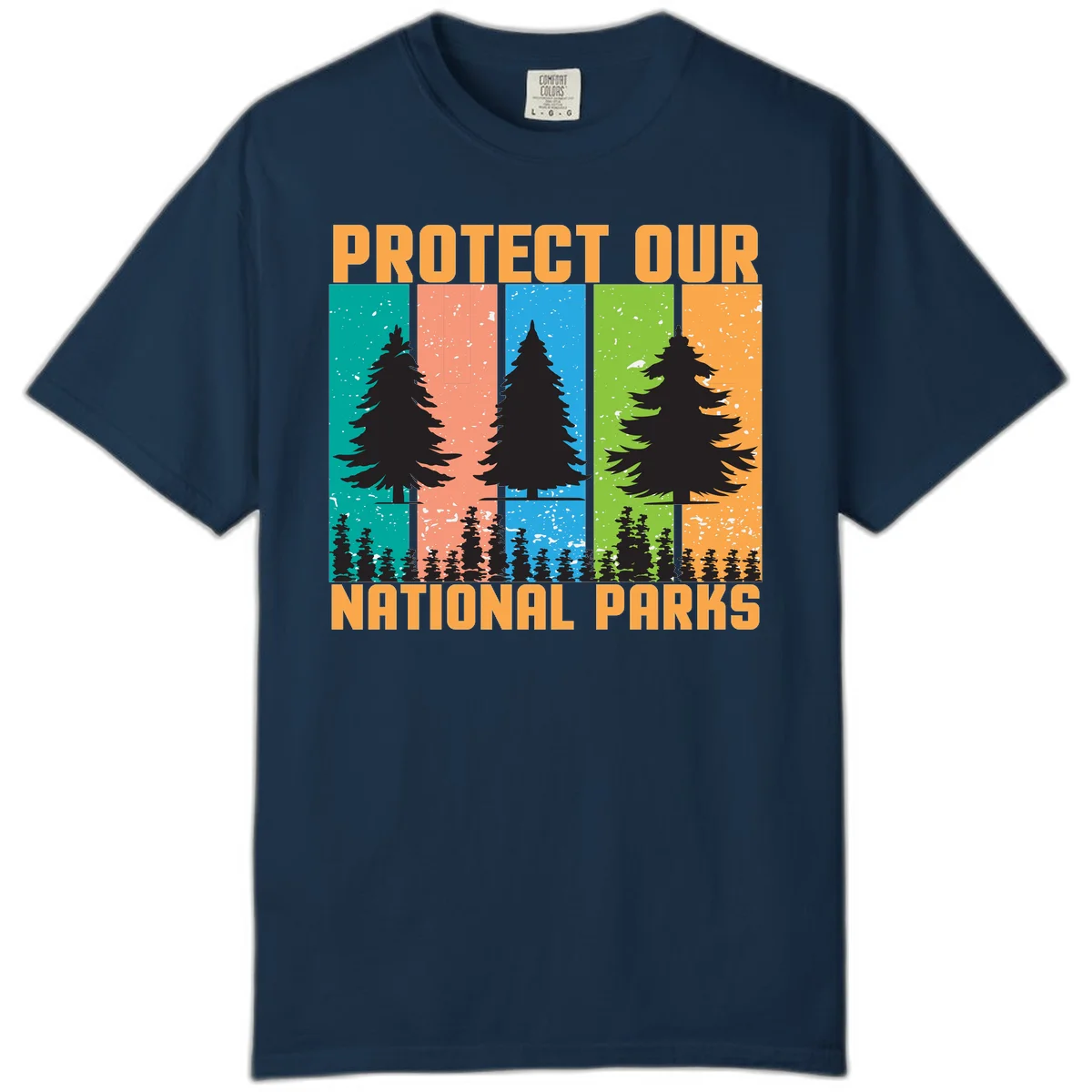 Illustration of tall evergreen tree with forest below across four seasonal colored panels with 'Protect Our National Parks' text. in True Navy