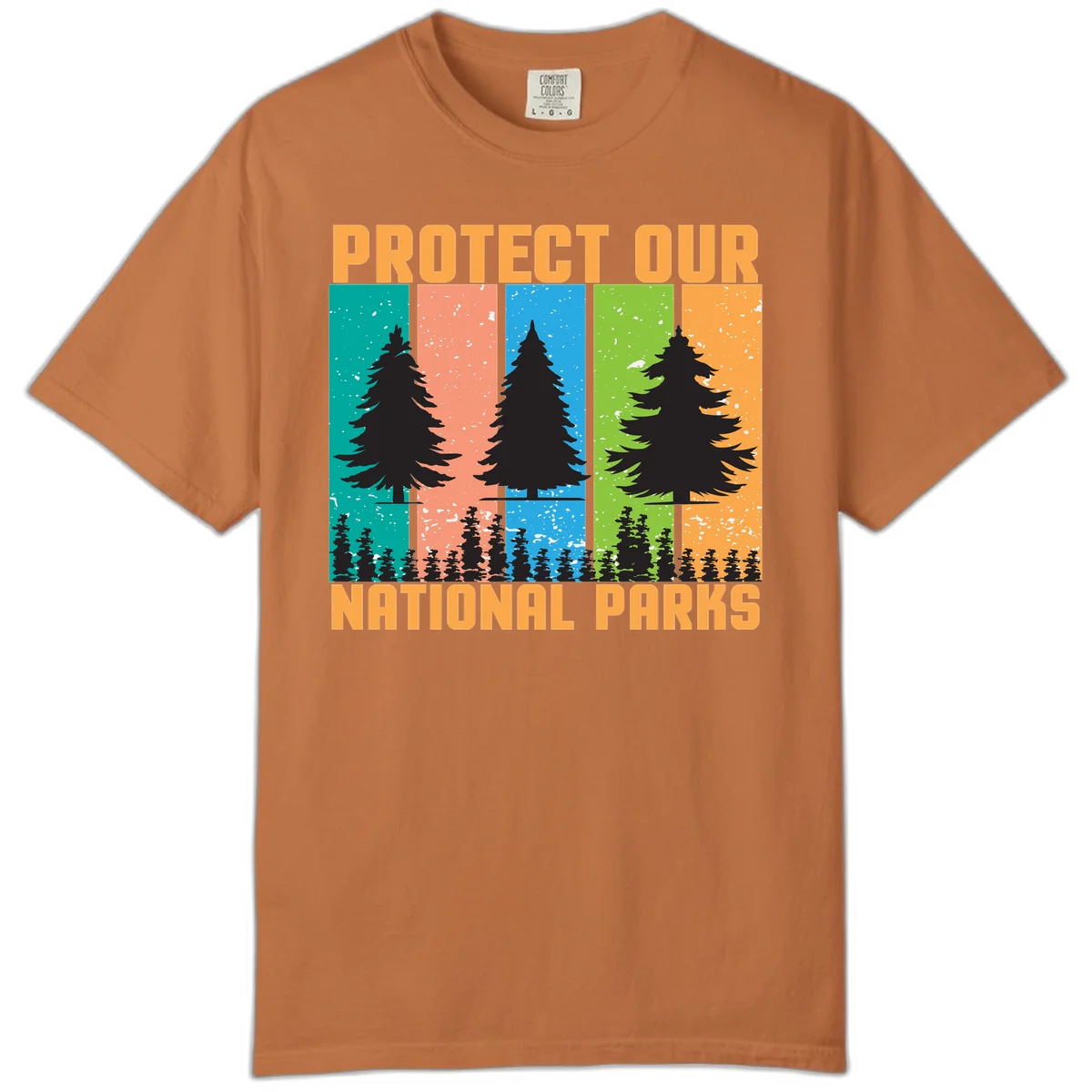 Illustration of tall evergreen tree with forest below across four seasonal colored panels with 'Protect Our National Parks' text. in Yam