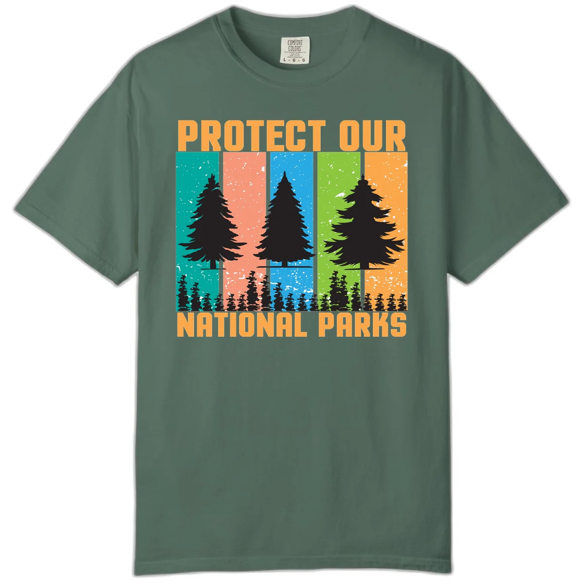 Illustration of tall evergreen tree with forest below across four seasonal colored panels with 'Protect Our National Parks' text. in Blue Spruce