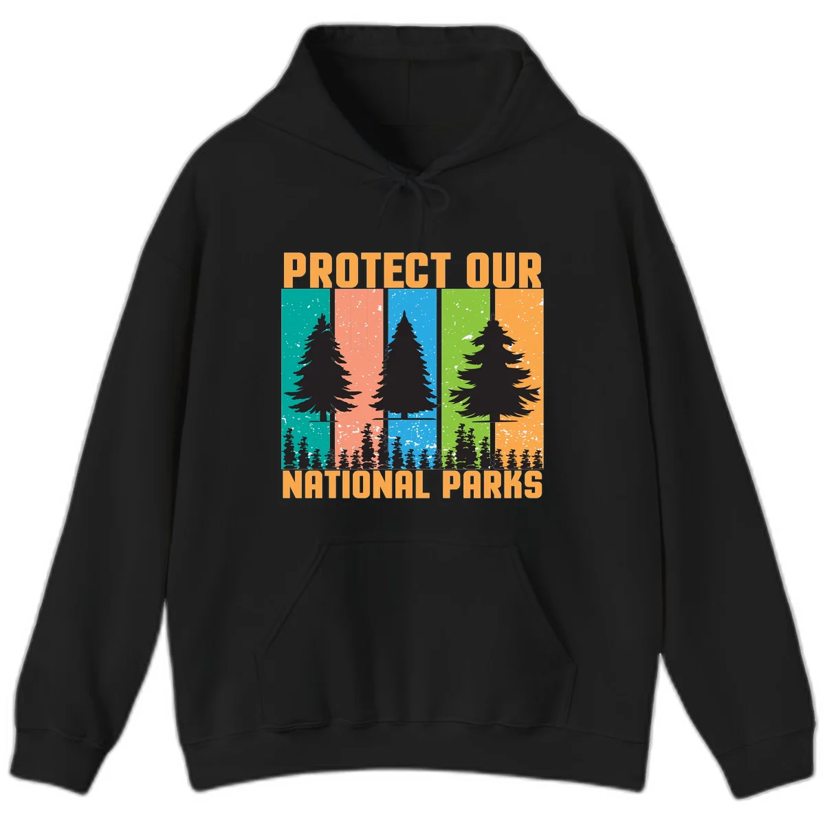 Illustration of tall evergreen tree with forest below across four seasonal colored panels with 'Protect Our National Parks' text. in Black