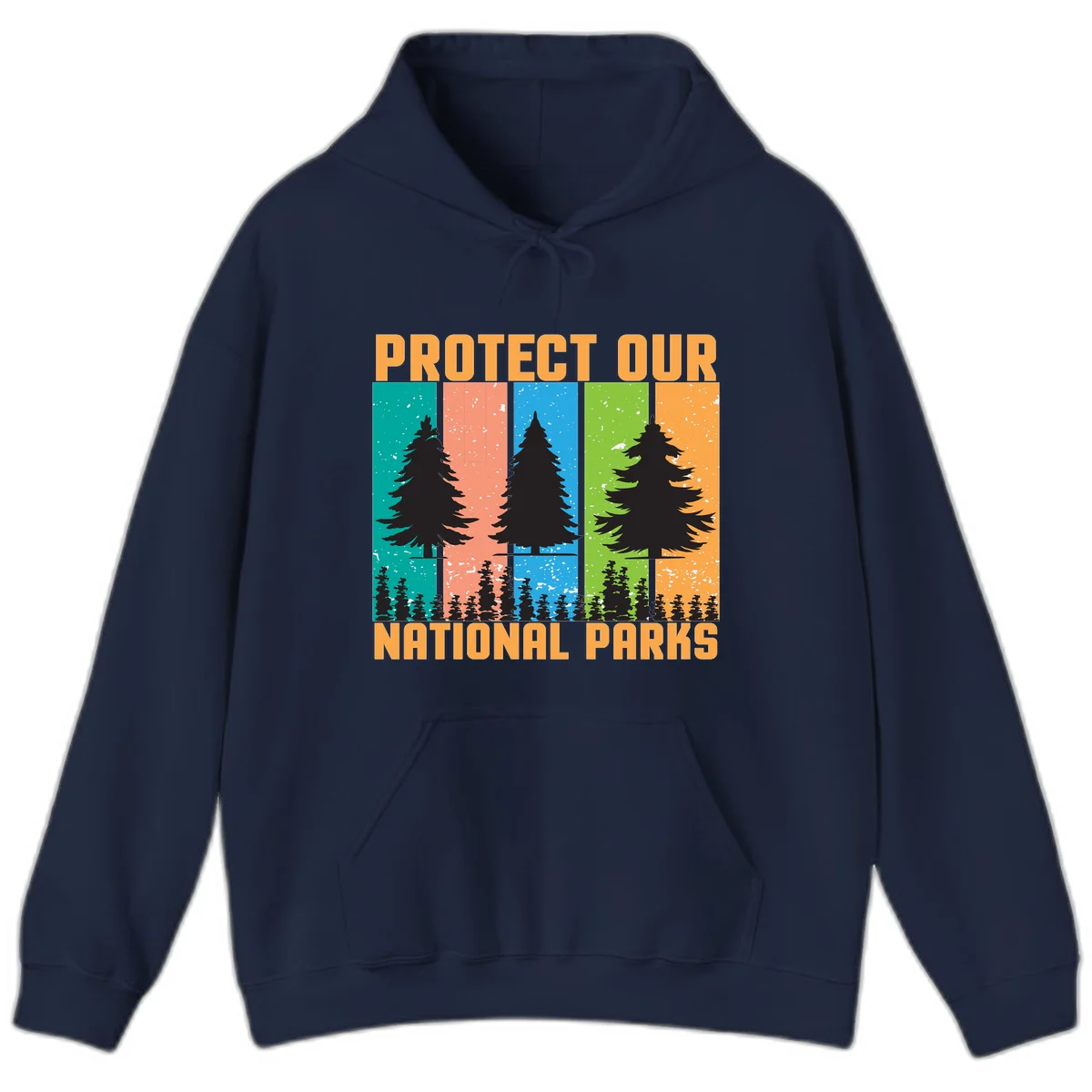 Illustration of tall evergreen tree with forest below across four seasonal colored panels with 'Protect Our National Parks' text. in Navy