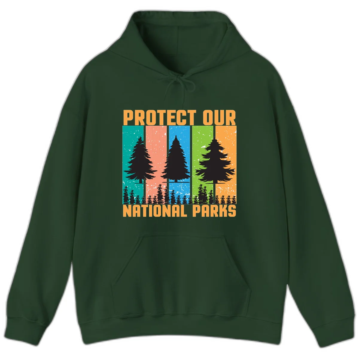 Illustration of tall evergreen tree with forest below across four seasonal colored panels with 'Protect Our National Parks' text. in Forest Green