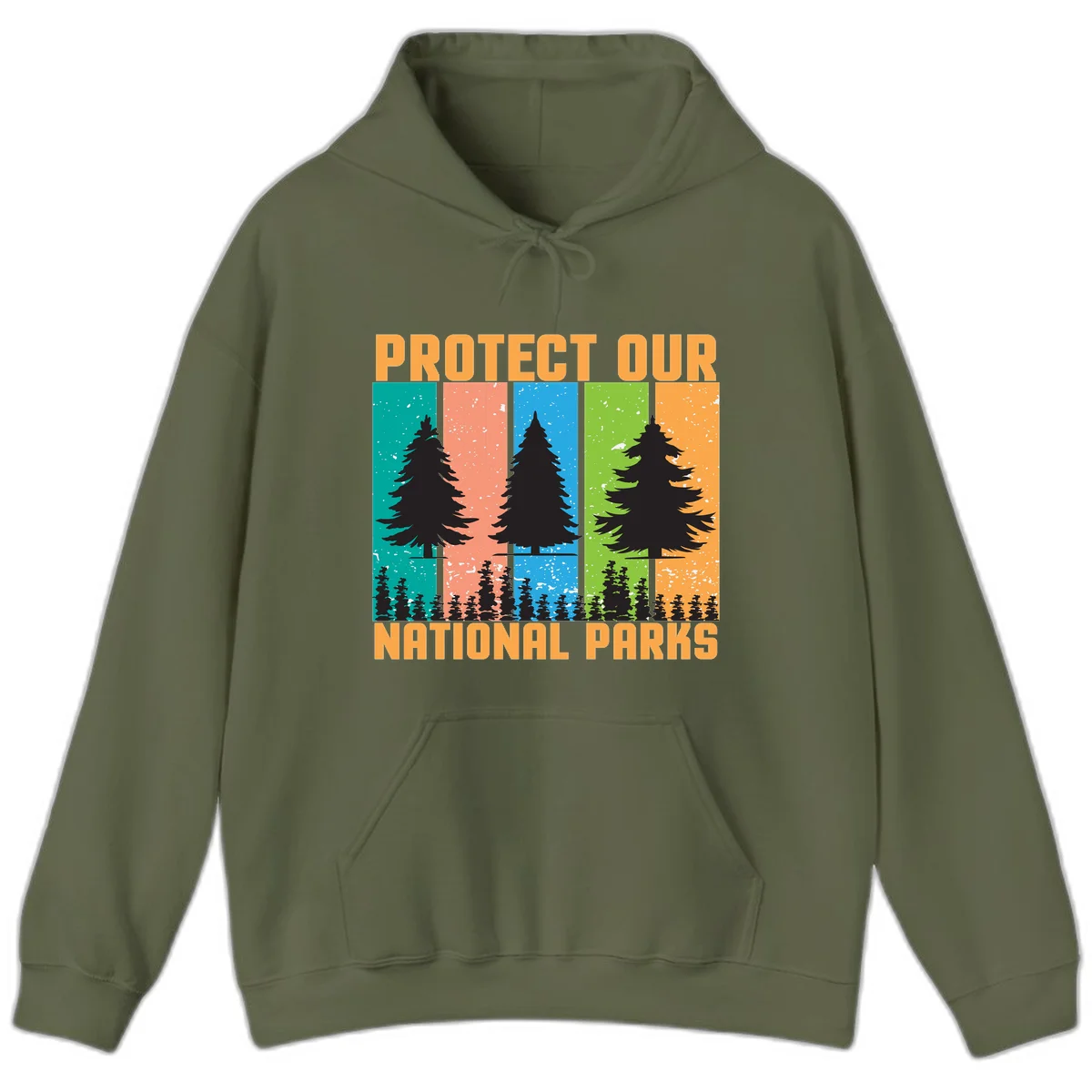 Illustration of tall evergreen tree with forest below across four seasonal colored panels with 'Protect Our National Parks' text. in Military Green