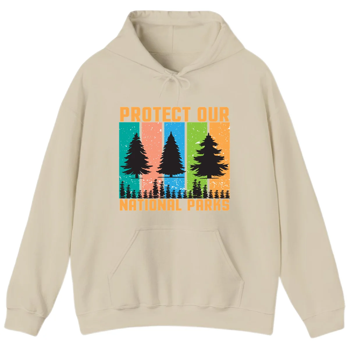 Illustration of tall evergreen tree with forest below across four seasonal colored panels with 'Protect Our National Parks' text. in Sand