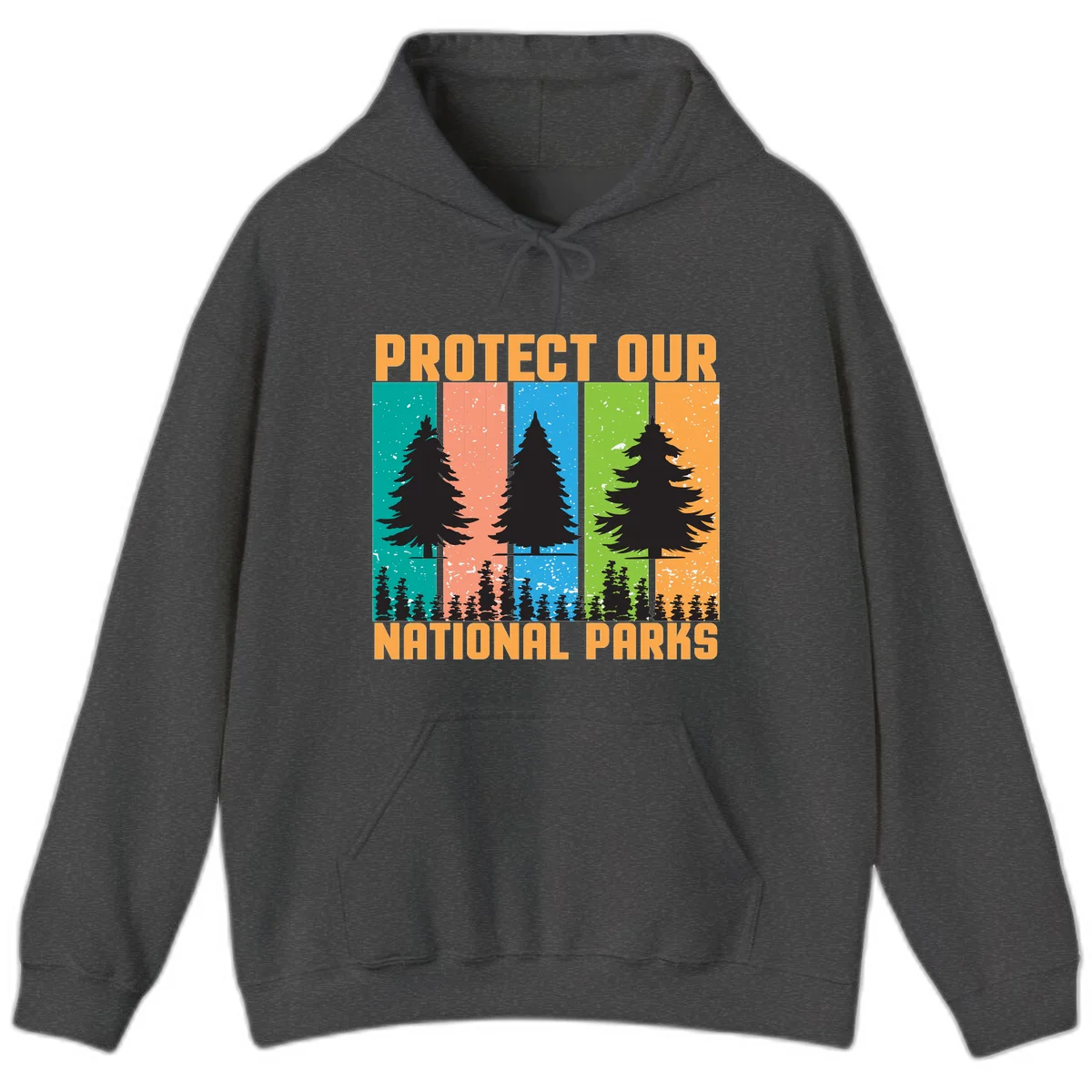 Illustration of tall evergreen tree with forest below across four seasonal colored panels with 'Protect Our National Parks' text. in Dark Heather