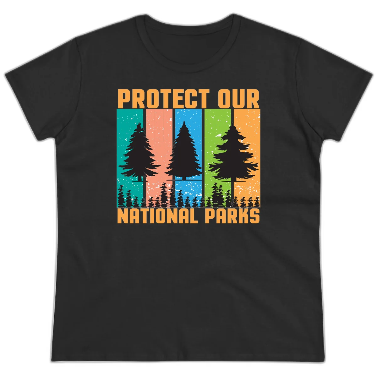 Illustration of tall evergreen tree with forest below across four seasonal colored panels with 'Protect Our National Parks' text. in Black