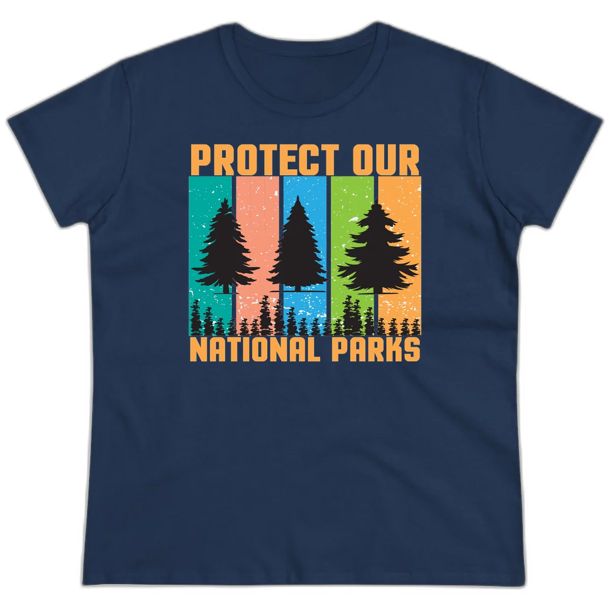 Illustration of tall evergreen tree with forest below across four seasonal colored panels with 'Protect Our National Parks' text. in Navy