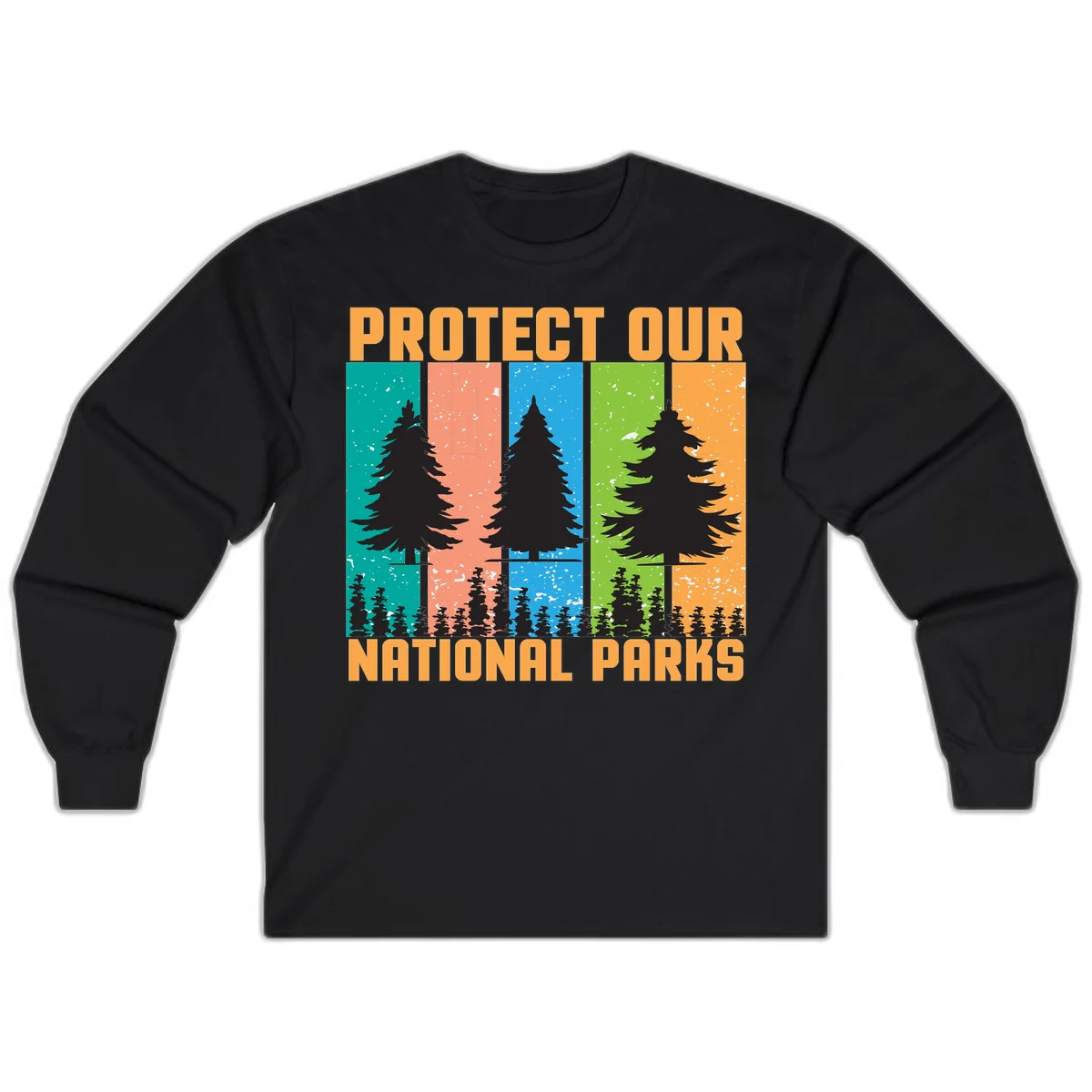 Illustration of tall evergreen tree with forest below across four seasonal colored panels with 'Protect Our National Parks' text. in Black