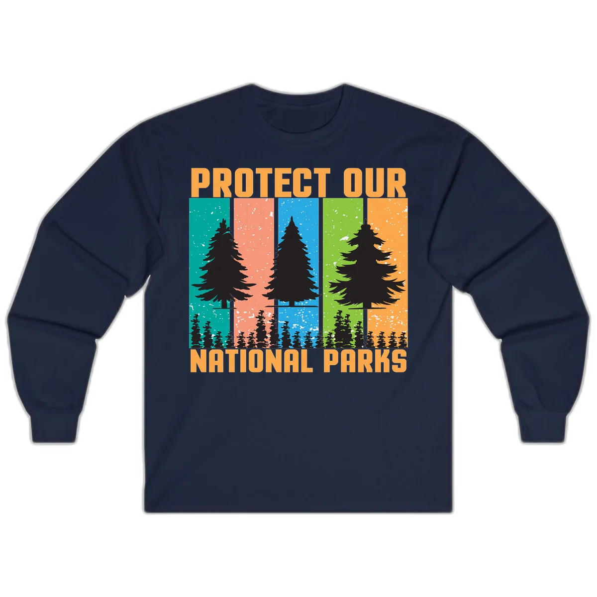 Illustration of tall evergreen tree with forest below across four seasonal colored panels with 'Protect Our National Parks' text. in Navy